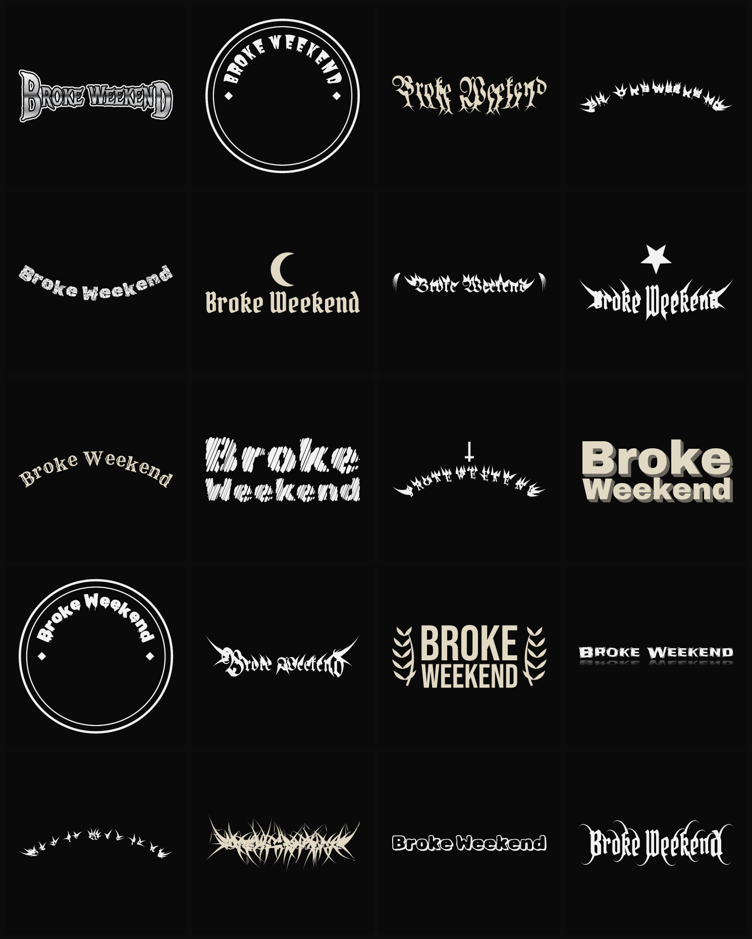 Twenty Broke Weekend band logo ideas — different faces, treatments and spike settings