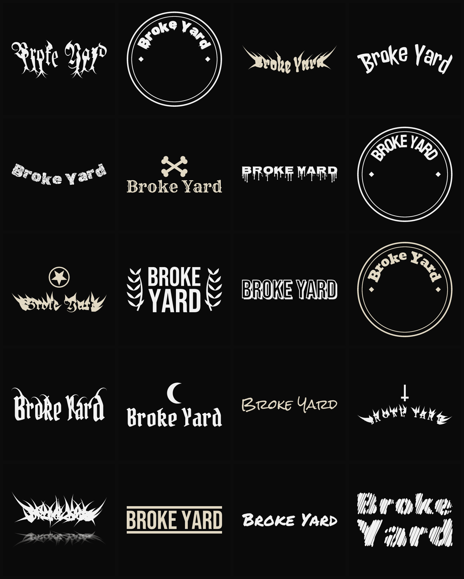 Twenty Broke Yard band logo ideas — different faces, treatments and spike settings