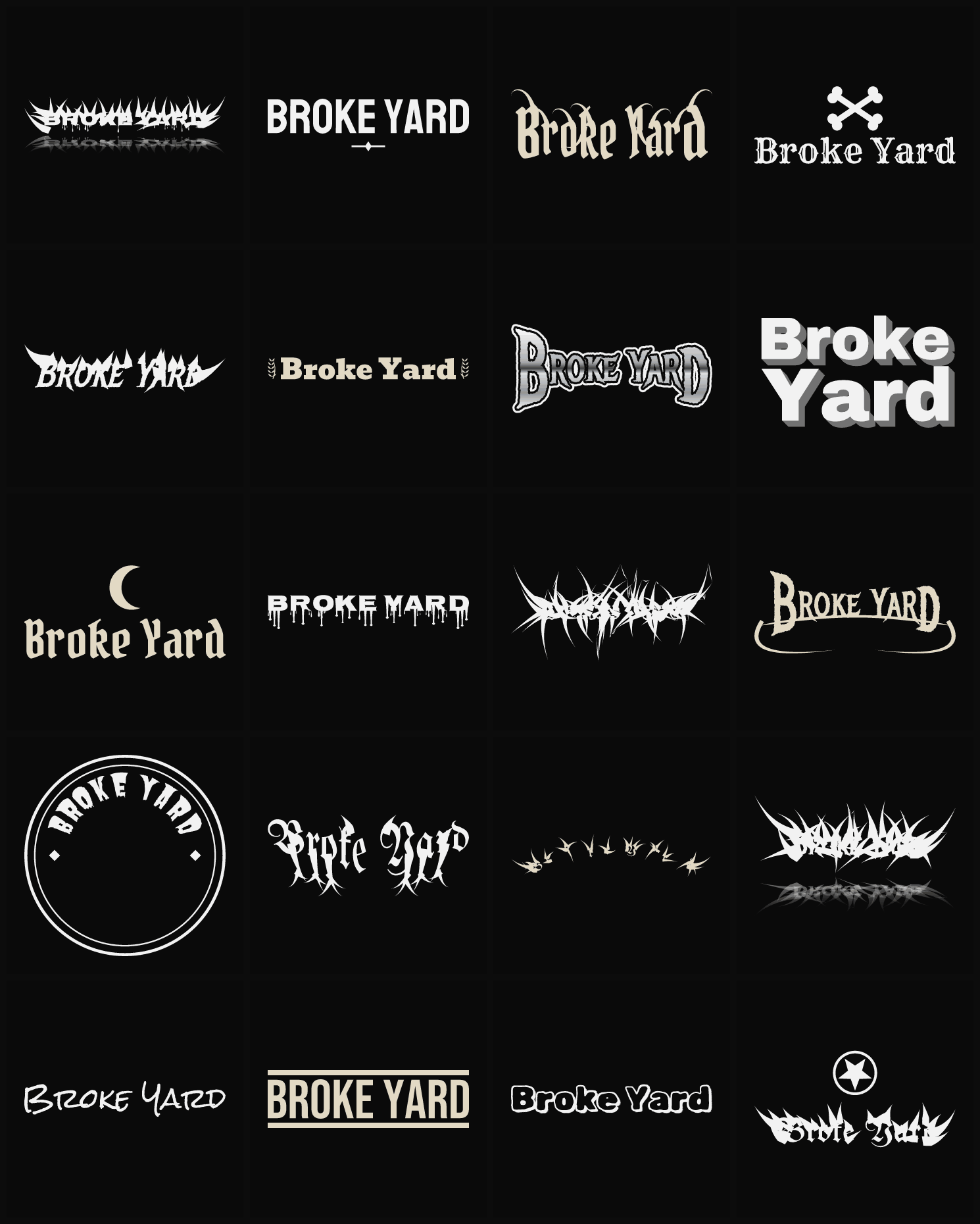 Twenty Broke Yard band logo ideas — different faces, treatments and spike settings