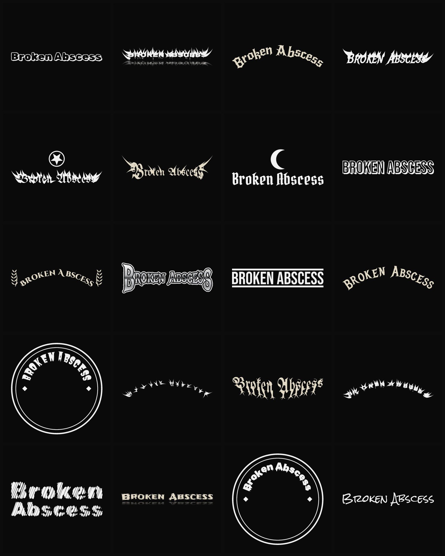 Twenty Broken Abscess band logo ideas — different faces, treatments and spike settings