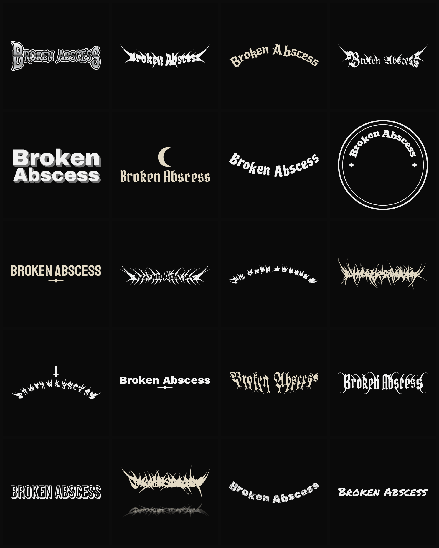 Twenty Broken Abscess band logo ideas — different faces, treatments and spike settings