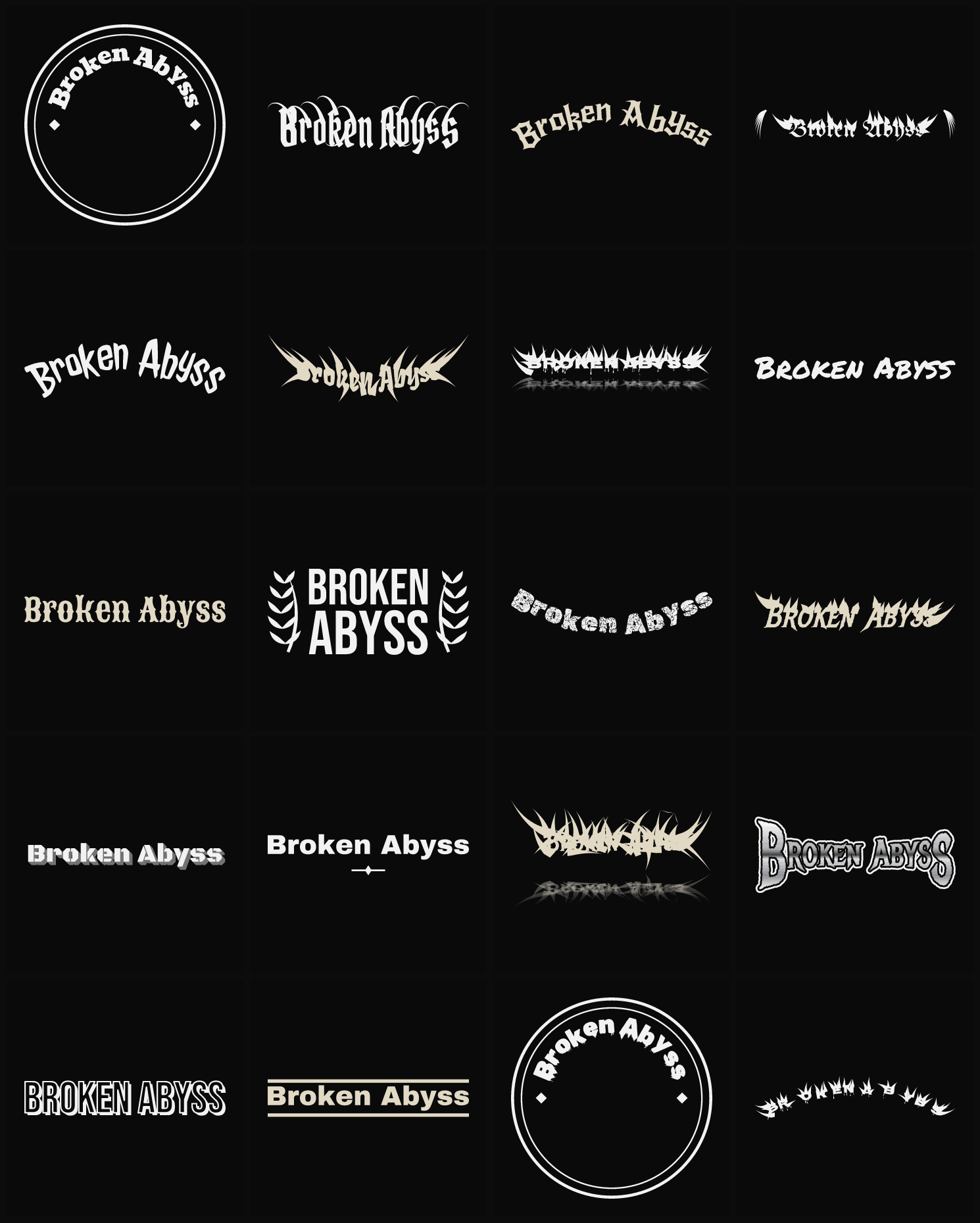 Twenty Broken Abyss band logo ideas — different faces, treatments and spike settings