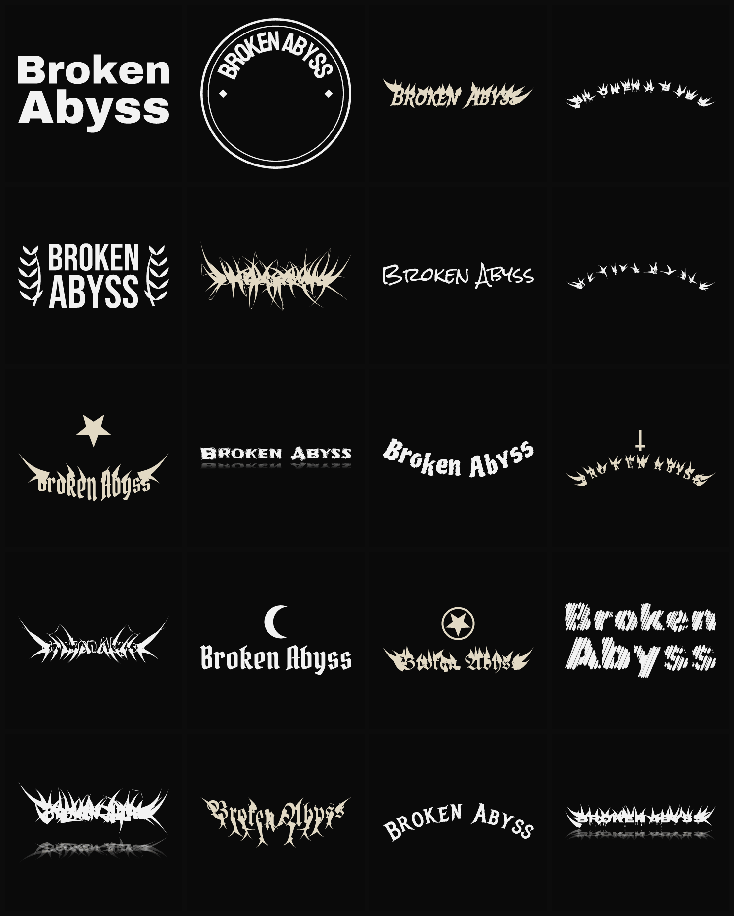 Twenty Broken Abyss band logo ideas — different faces, treatments and spike settings