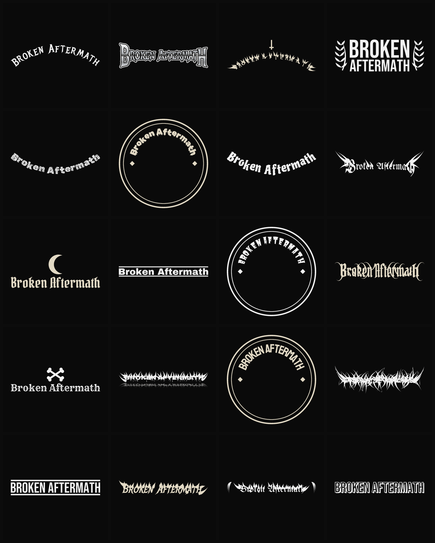 Twenty Broken Aftermath band logo ideas — different faces, treatments and spike settings