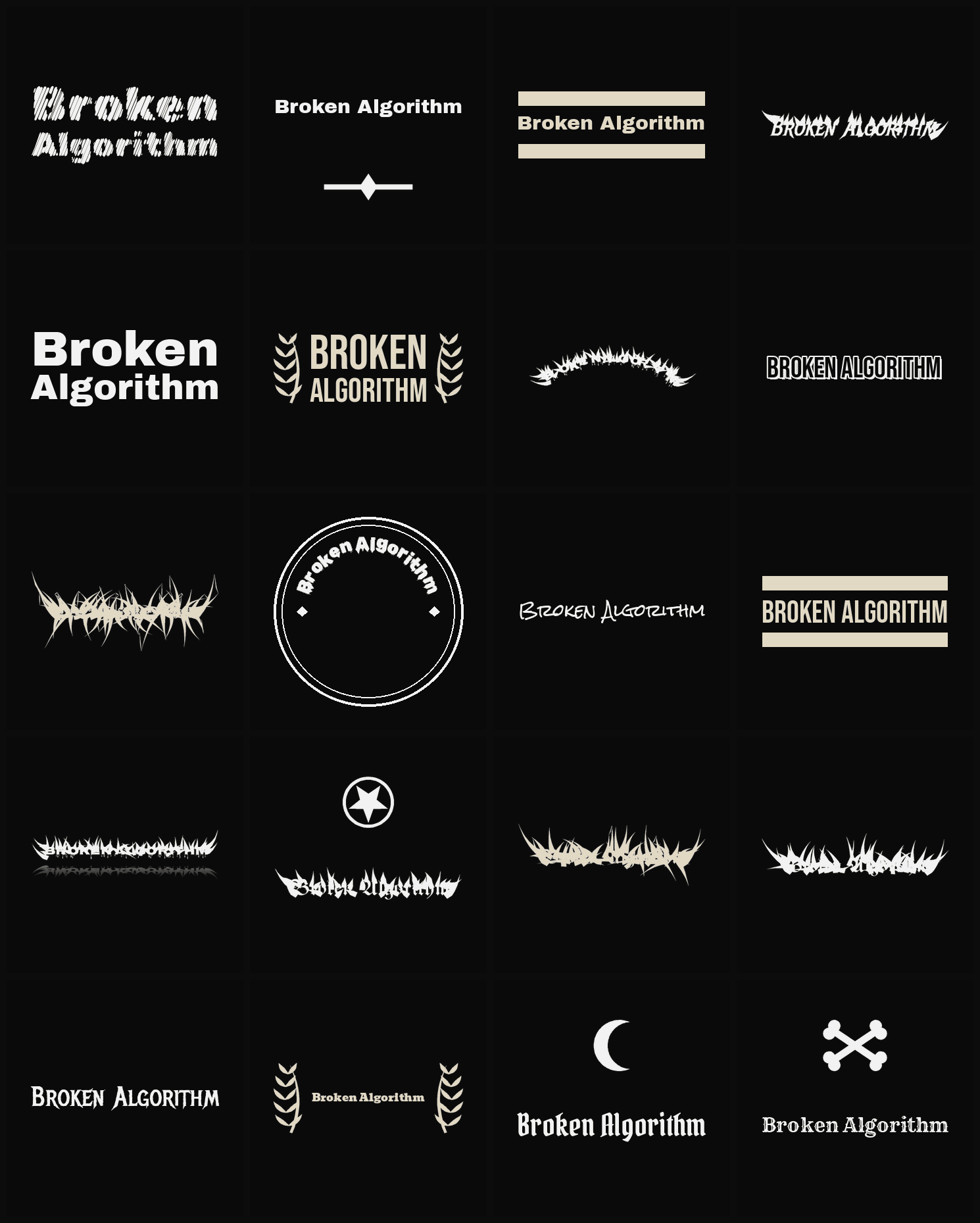 Twenty Broken Algorithm band logo ideas — different faces, treatments and spike settings