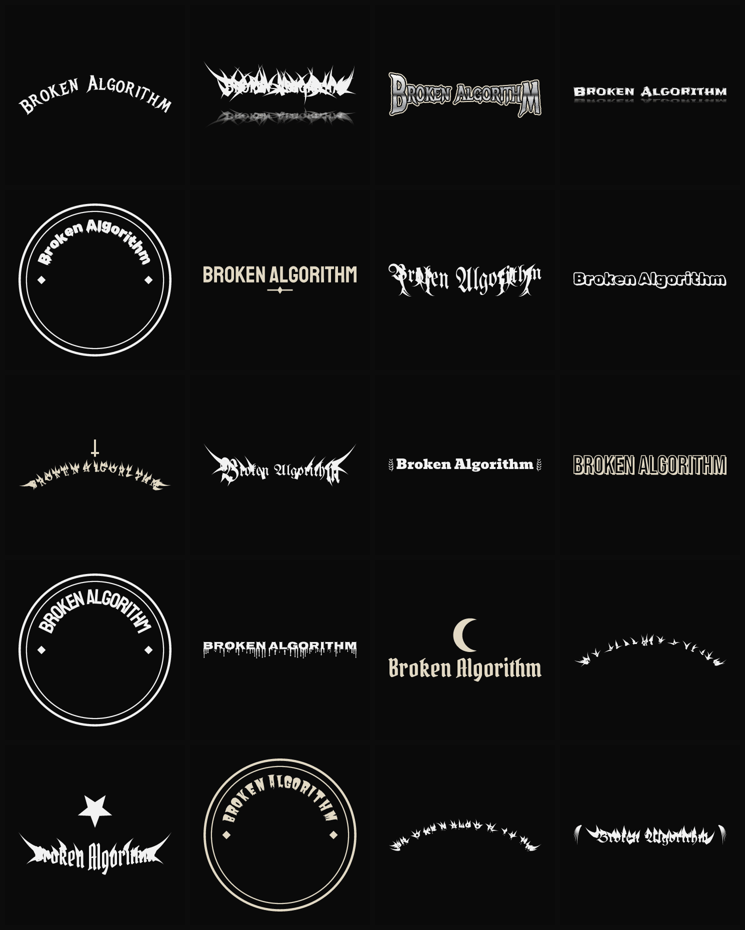 Twenty Broken Algorithm band logo ideas — different faces, treatments and spike settings