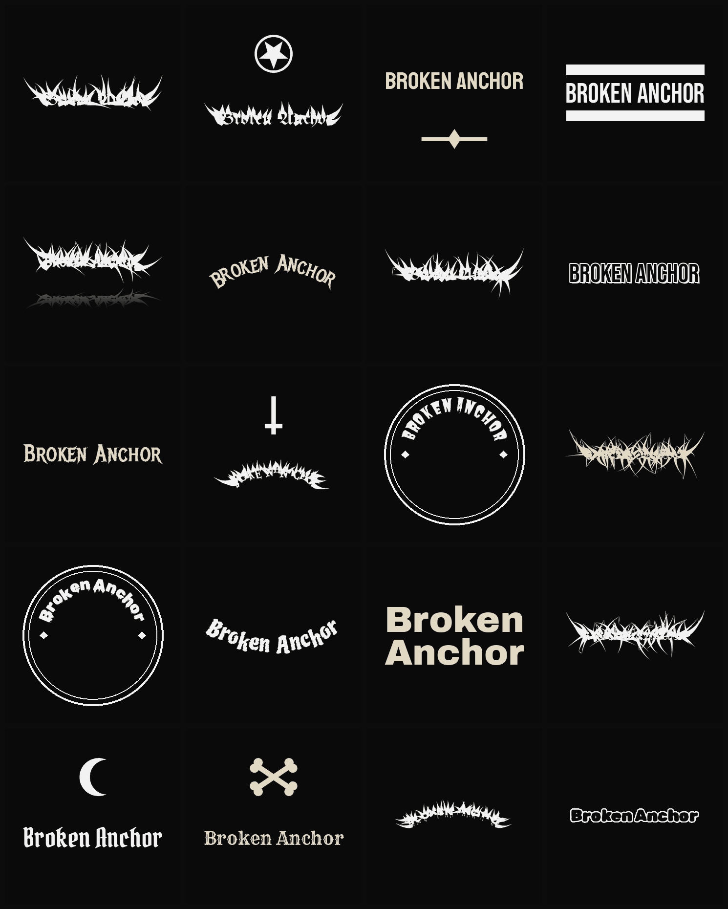 Twenty Broken Anchor band logo ideas — different faces, treatments and spike settings
