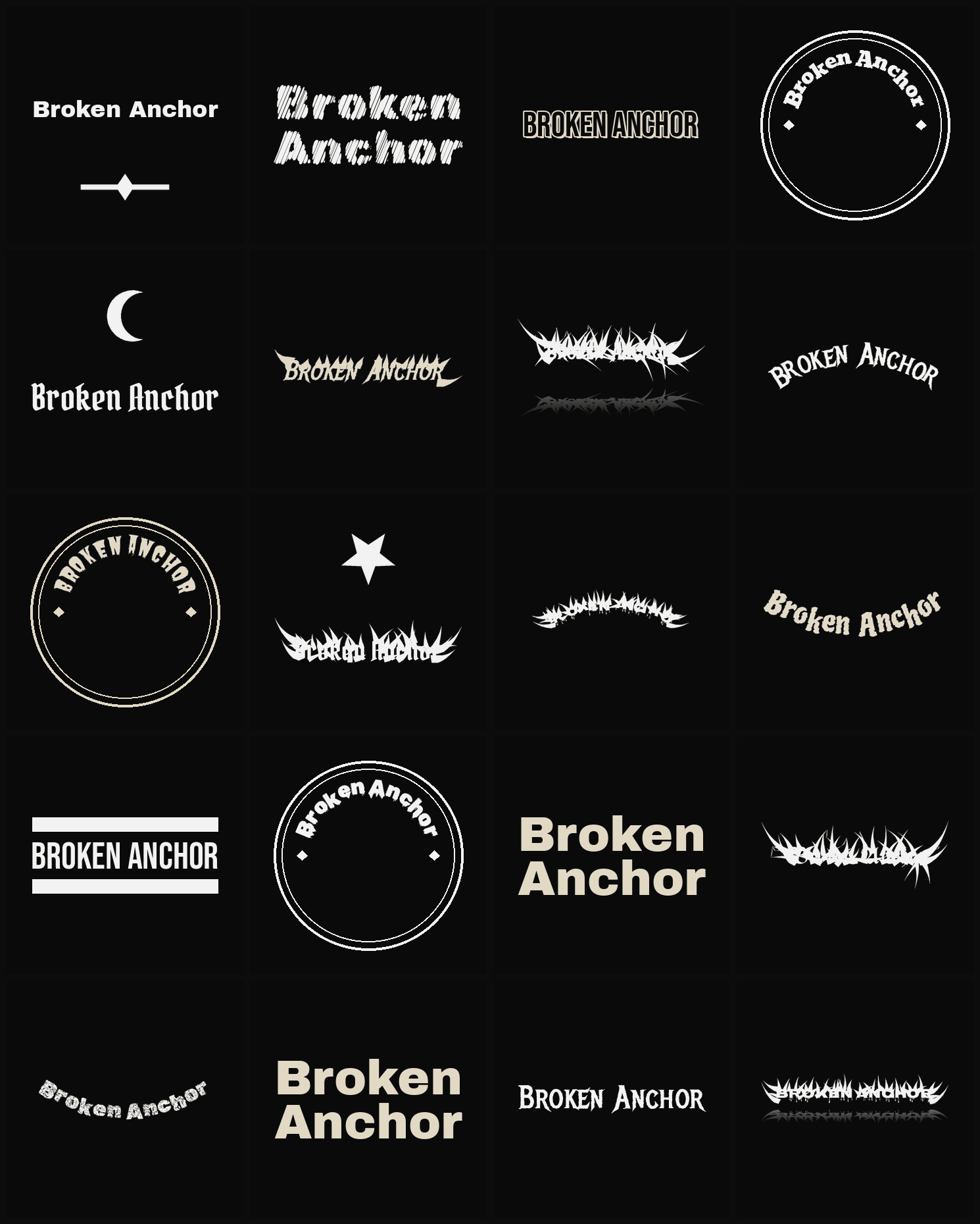 Twenty Broken Anchor band logo ideas — different faces, treatments and spike settings