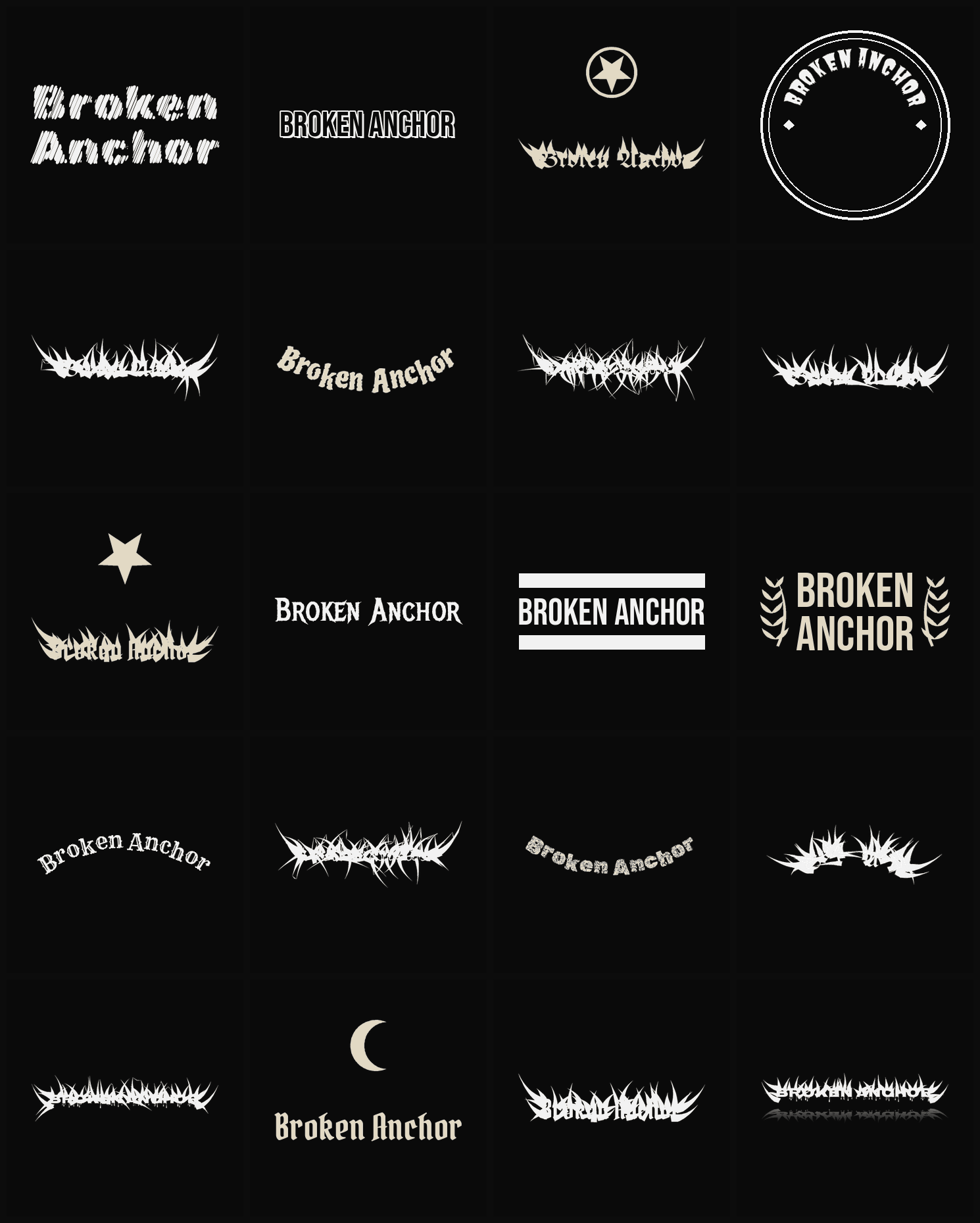 Twenty Broken Anchor band logo ideas — different faces, treatments and spike settings