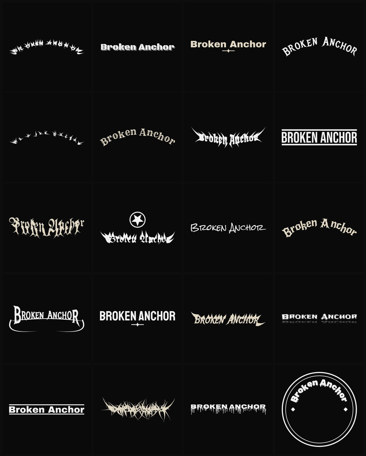 Twenty Broken Anchor band logo ideas — different faces, treatments and spike settings