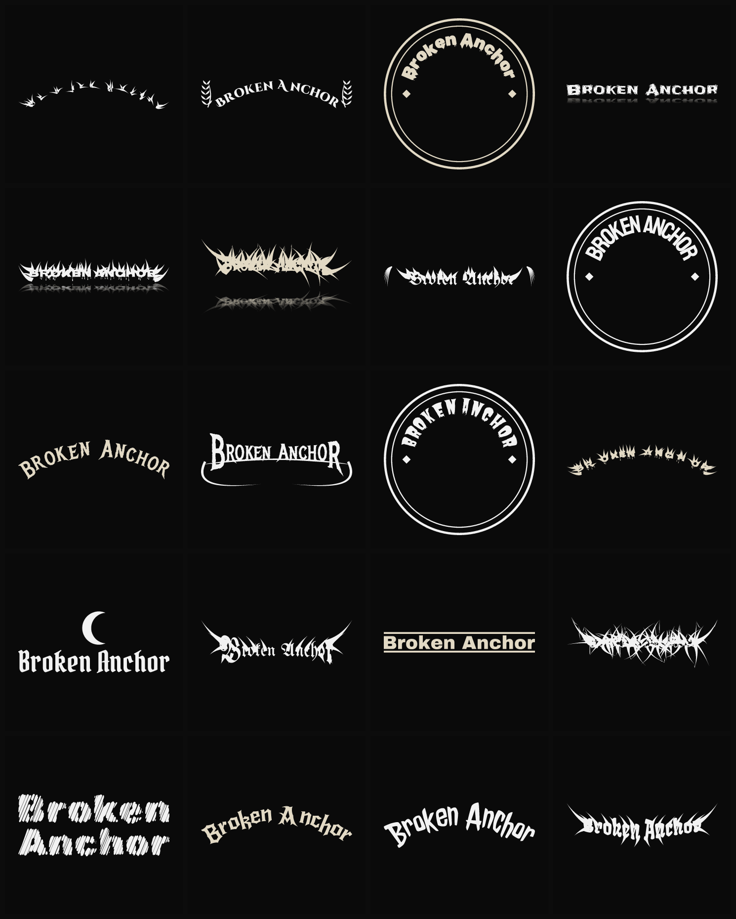 Twenty Broken Anchor band logo ideas — different faces, treatments and spike settings