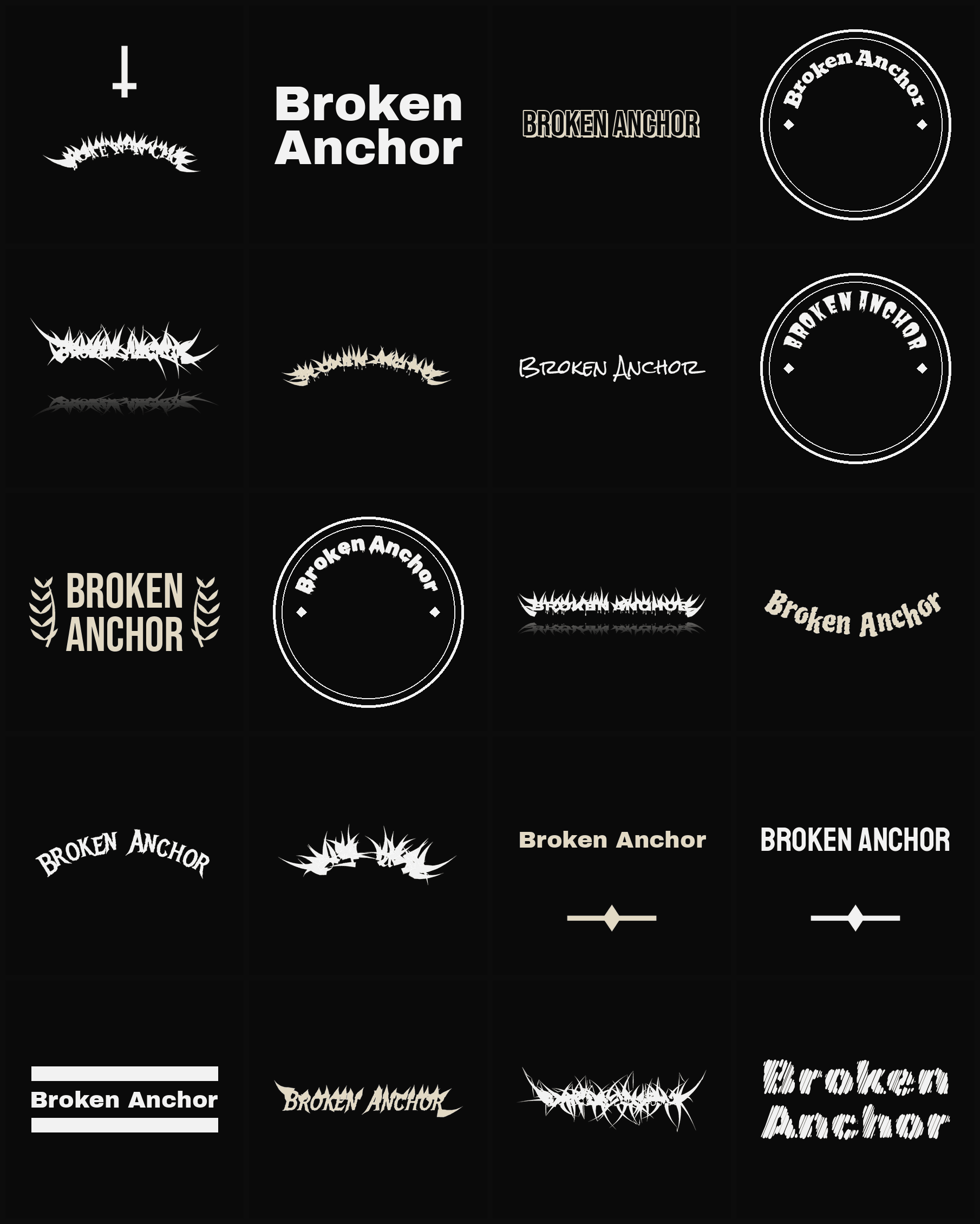 Twenty Broken Anchor band logo ideas — different faces, treatments and spike settings