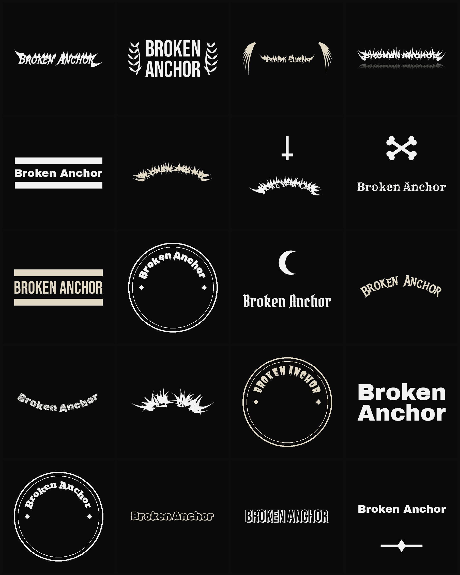 Twenty Broken Anchor band logo ideas — different faces, treatments and spike settings
