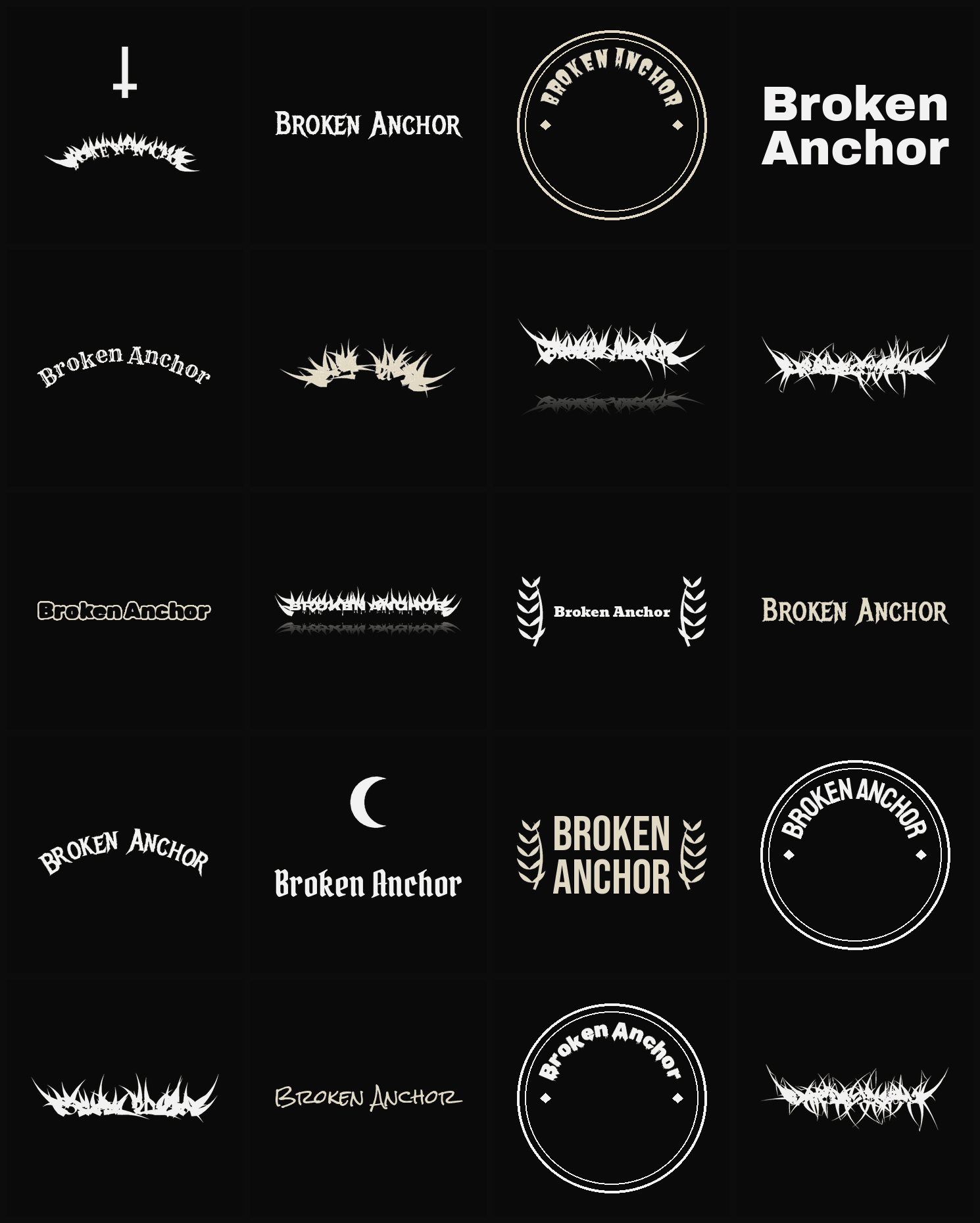 Twenty Broken Anchor band logo ideas — different faces, treatments and spike settings