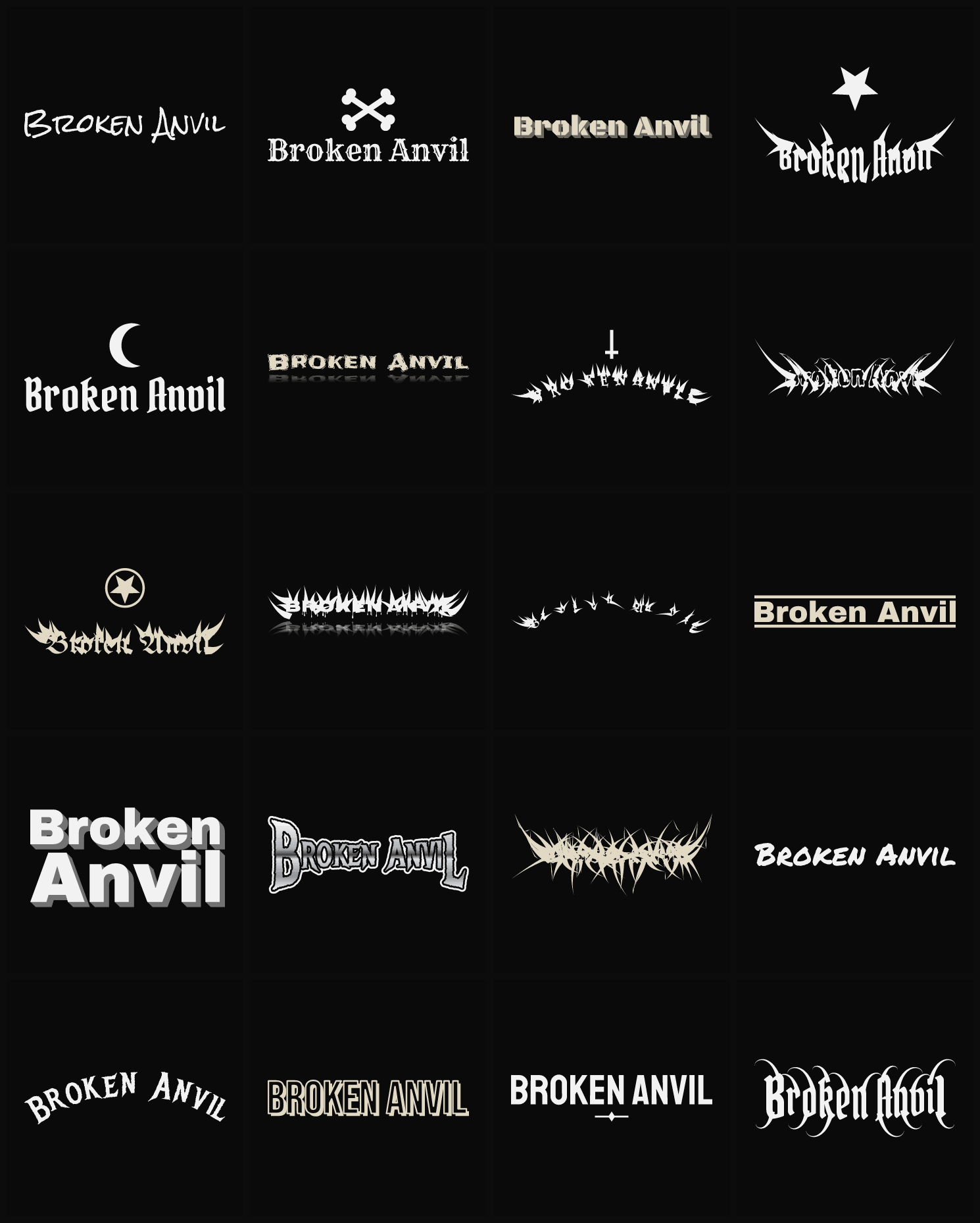 Twenty Broken Anvil band logo ideas — different faces, treatments and spike settings
