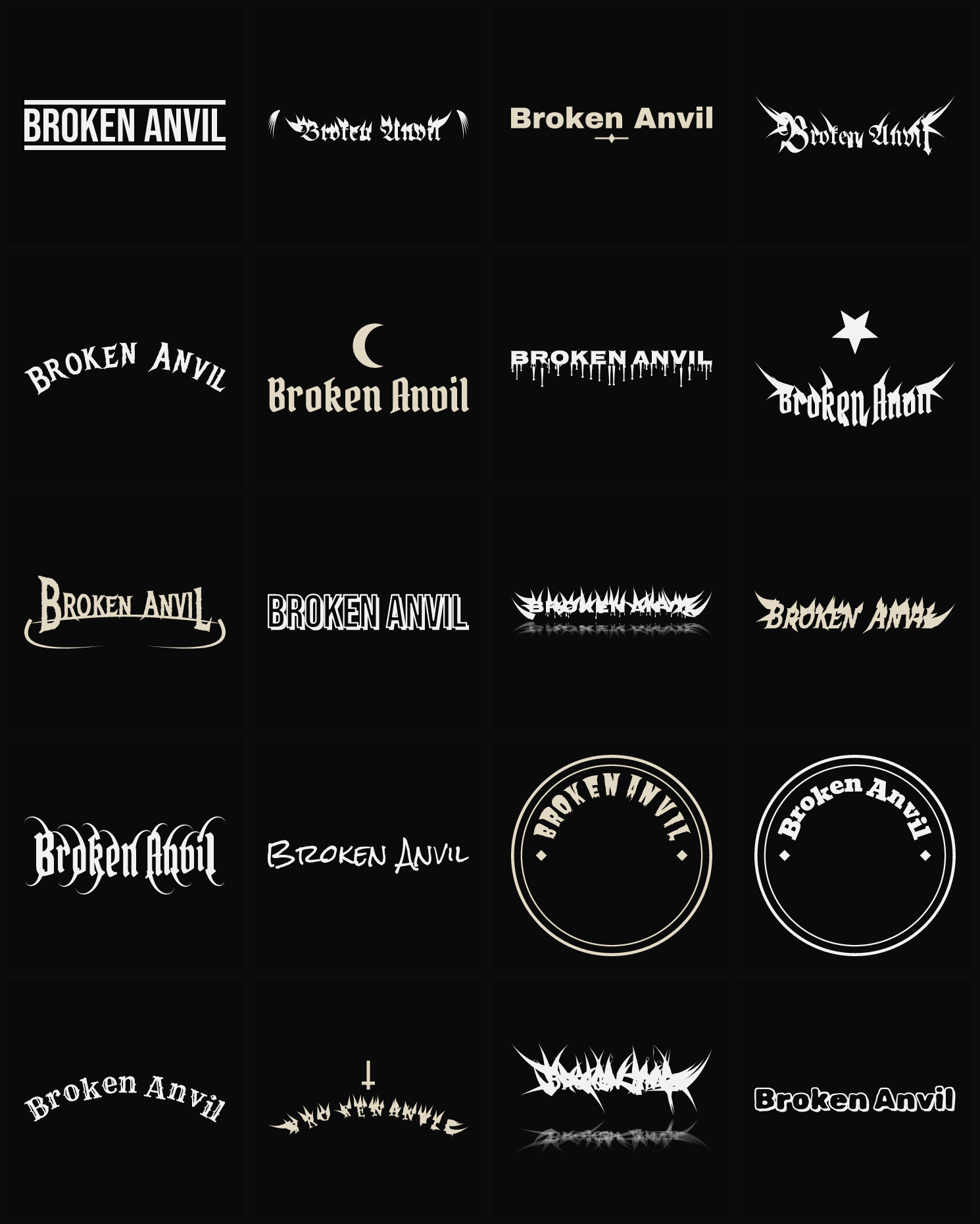 Twenty Broken Anvil band logo ideas — different faces, treatments and spike settings