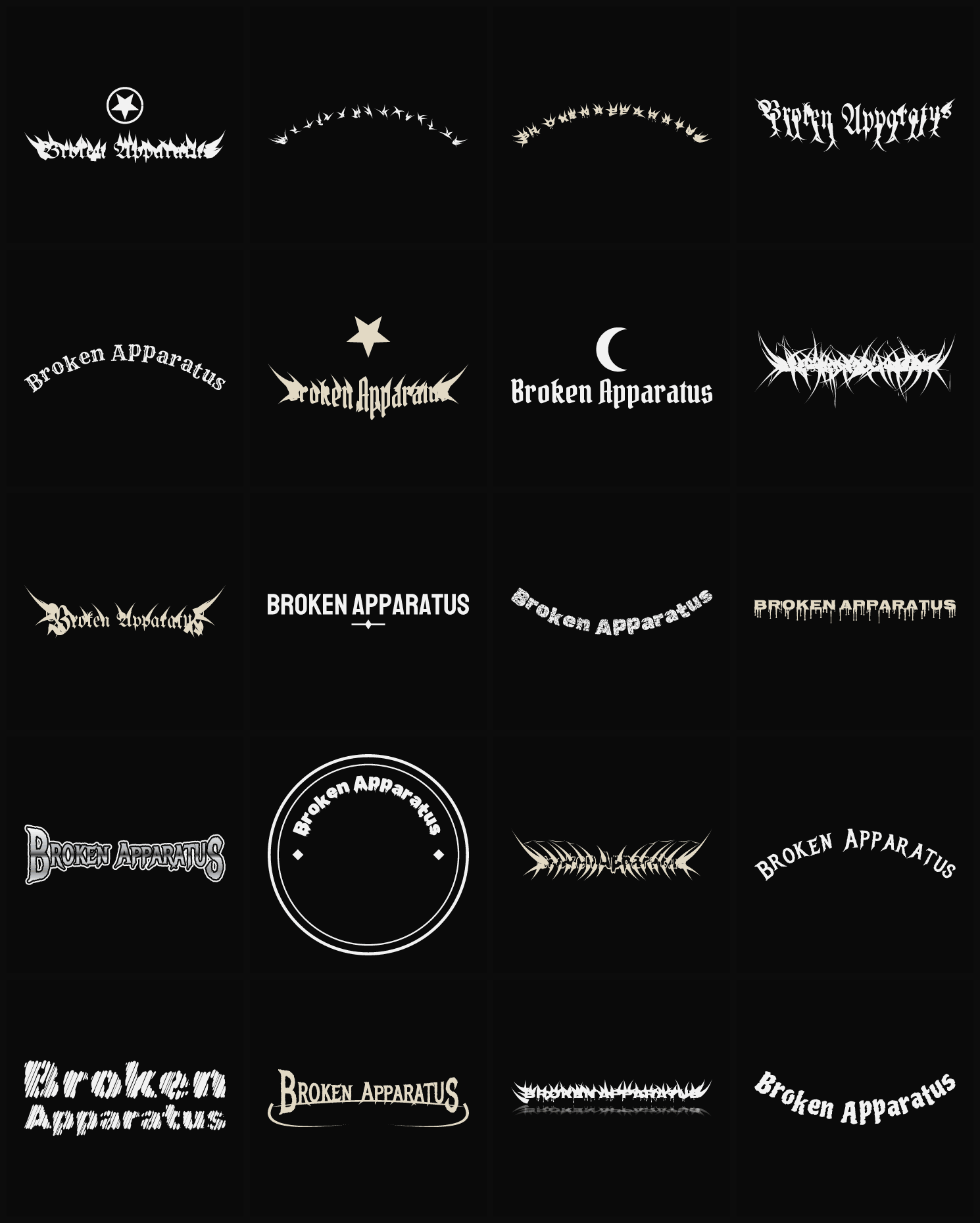Twenty Broken Apparatus band logo ideas — different faces, treatments and spike settings