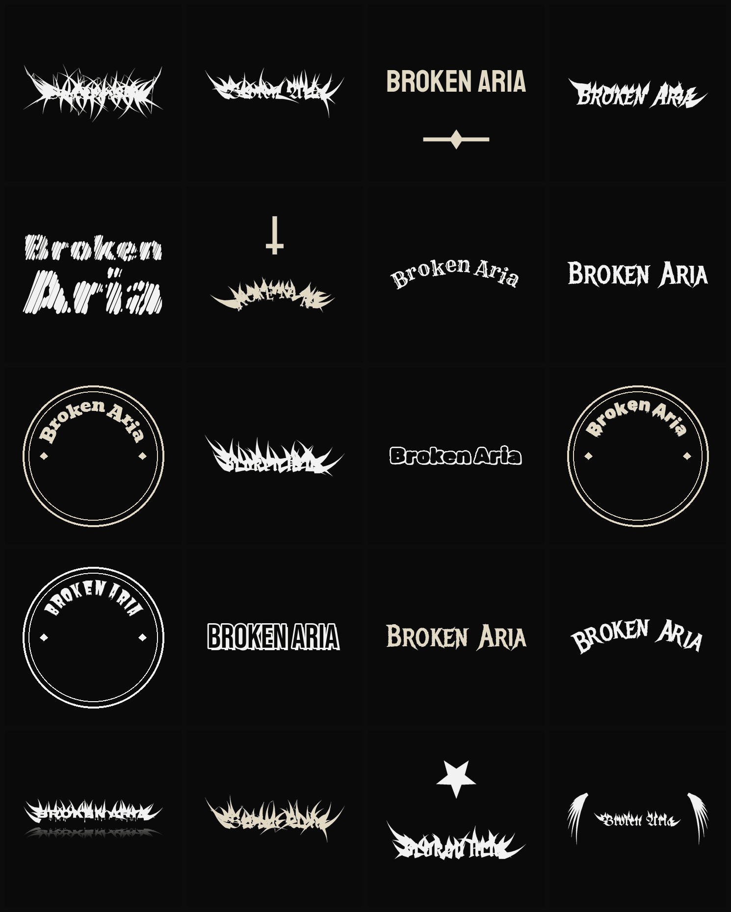 Twenty Broken Aria band logo ideas — different faces, treatments and spike settings