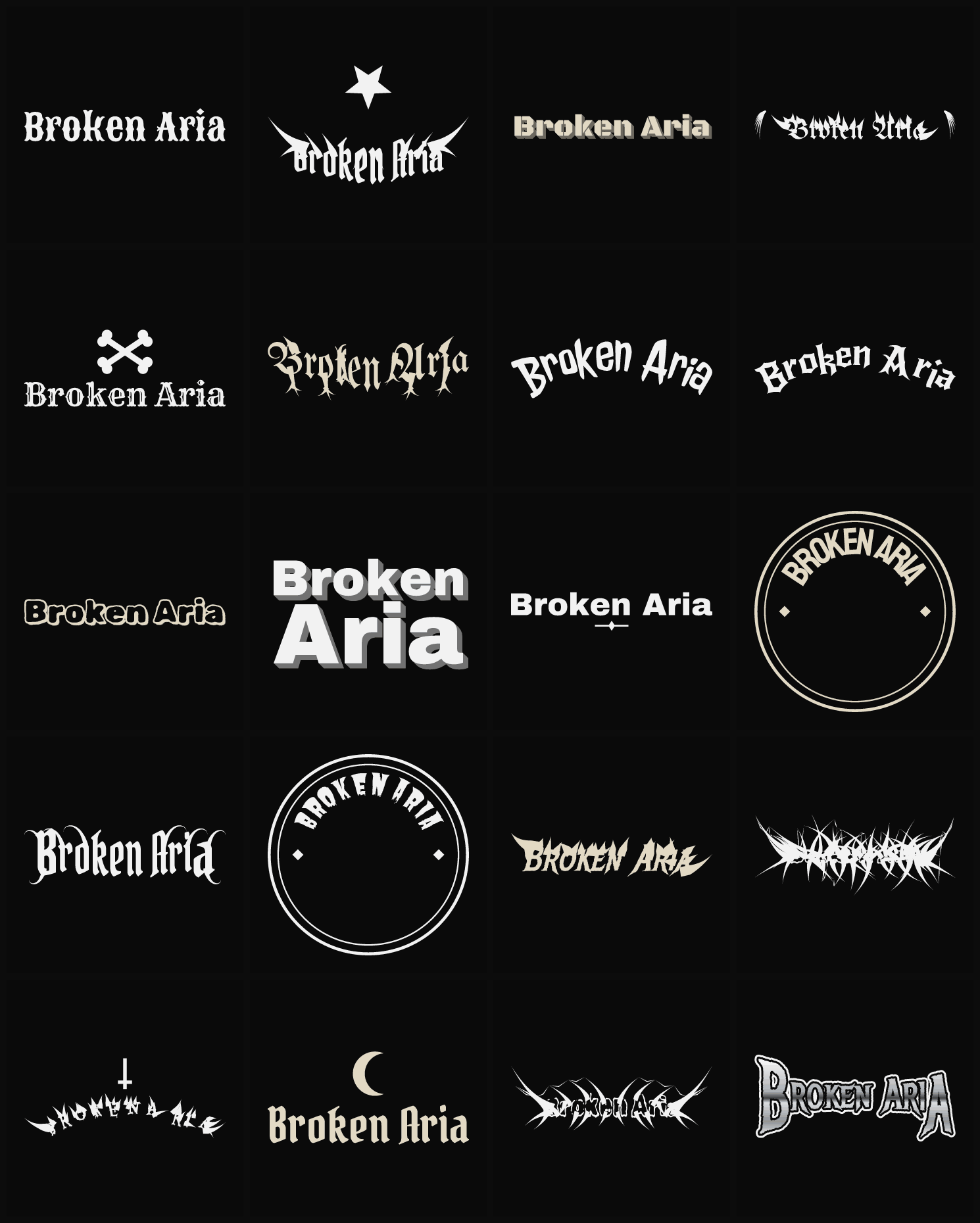 Twenty Broken Aria band logo ideas — different faces, treatments and spike settings