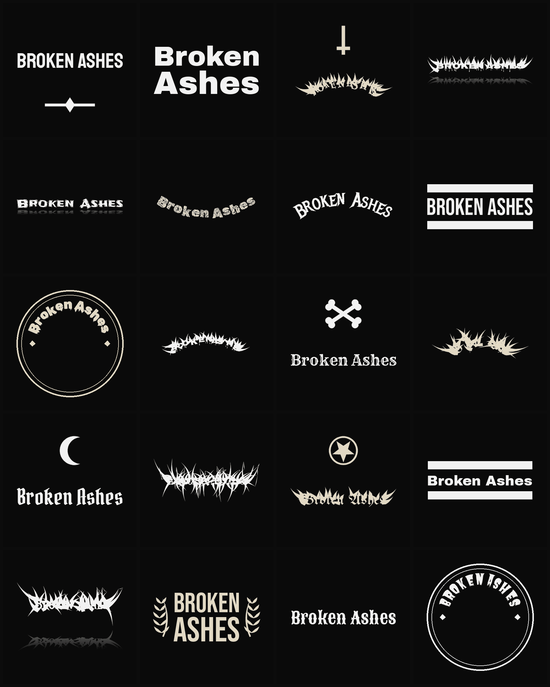 Twenty Broken Ashes band logo ideas — different faces, treatments and spike settings