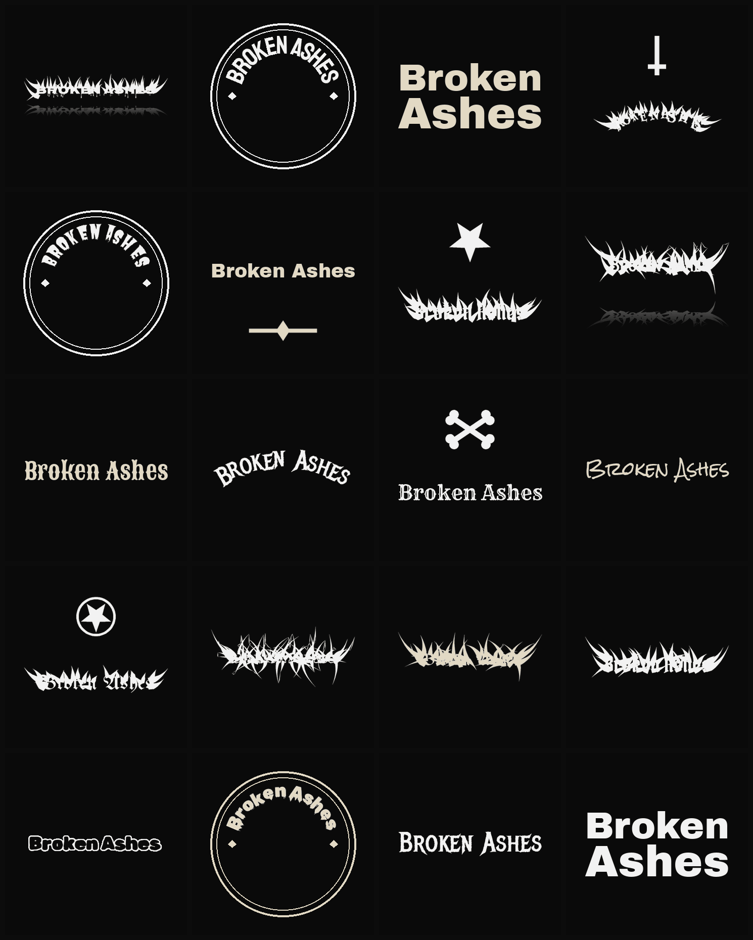 Twenty Broken Ashes band logo ideas — different faces, treatments and spike settings