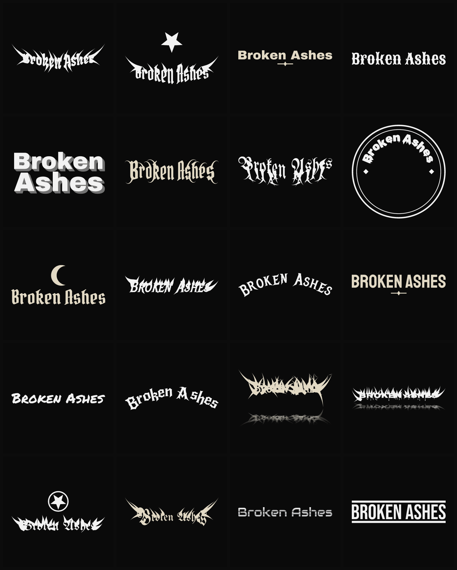 Twenty Broken Ashes band logo ideas — different faces, treatments and spike settings