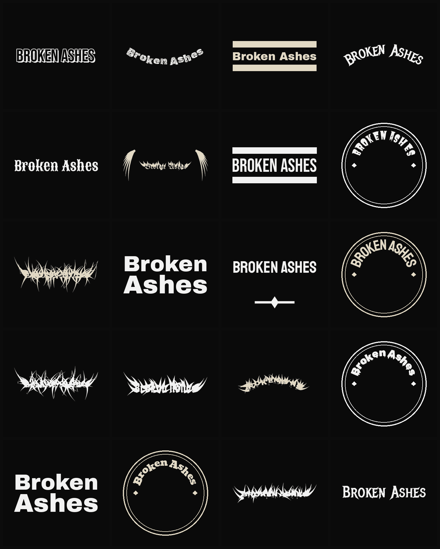 Twenty Broken Ashes band logo ideas — different faces, treatments and spike settings