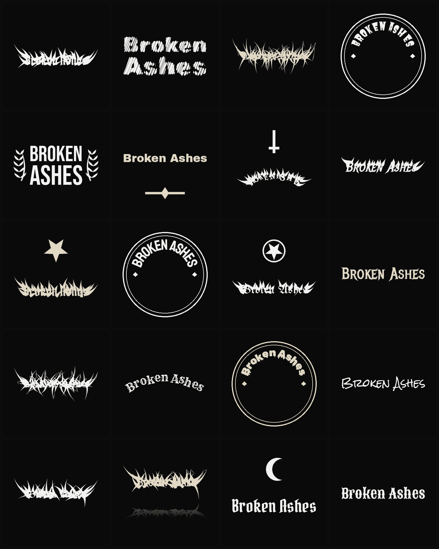 Twenty Broken Ashes band logo ideas — different faces, treatments and spike settings
