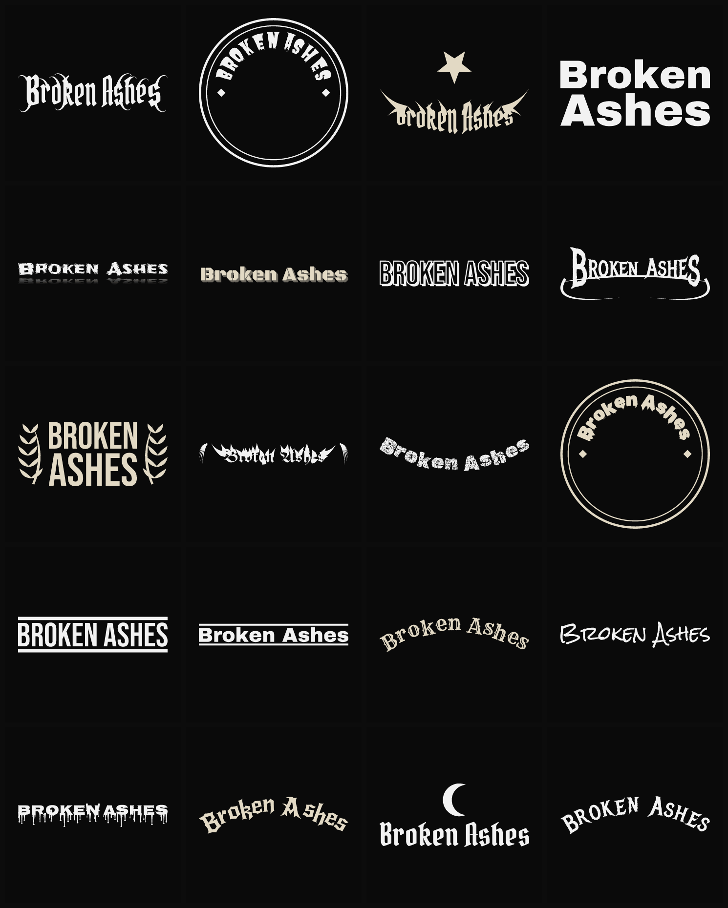 Twenty Broken Ashes band logo ideas — different faces, treatments and spike settings