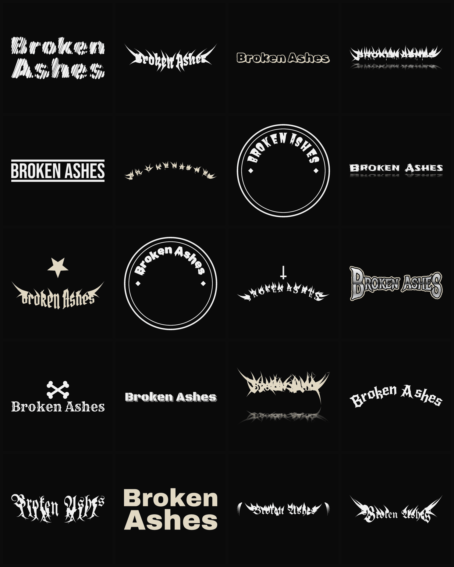 Twenty Broken Ashes band logo ideas — different faces, treatments and spike settings