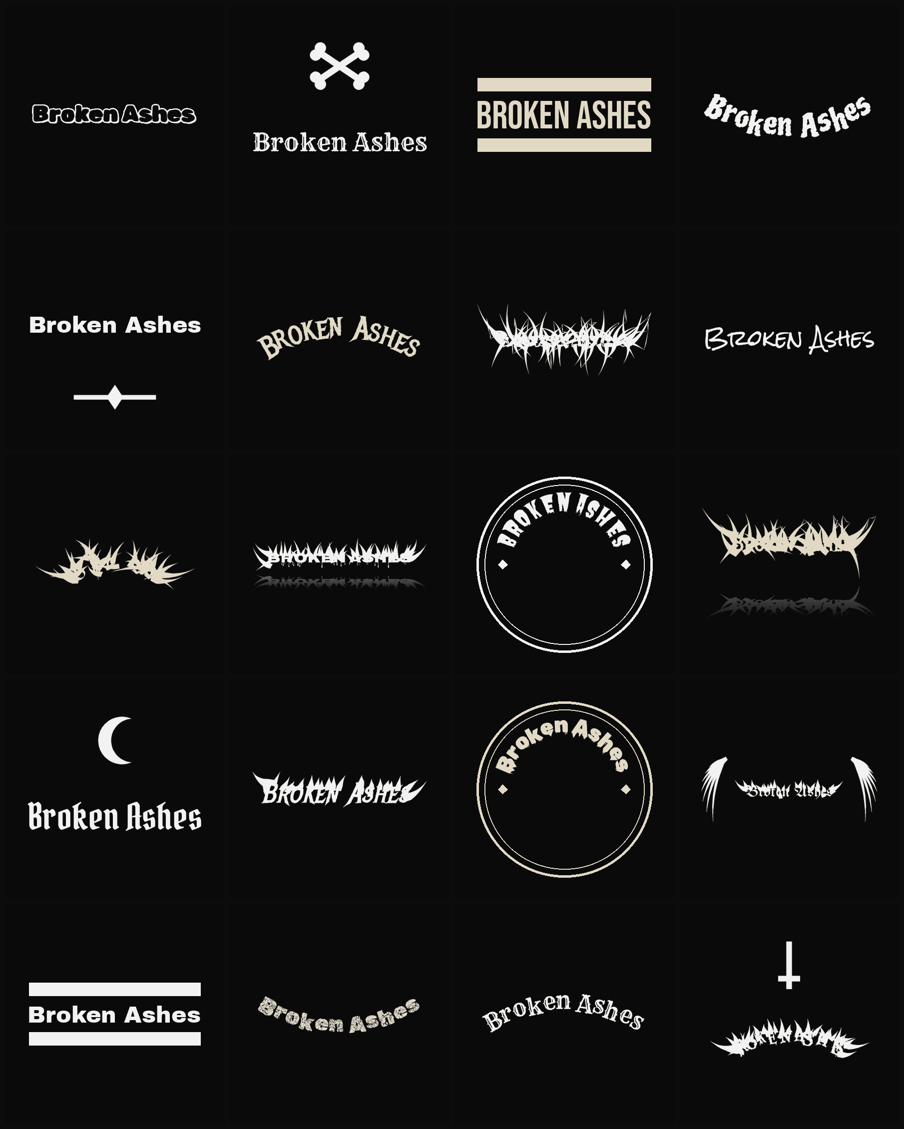 Twenty Broken Ashes band logo ideas — different faces, treatments and spike settings