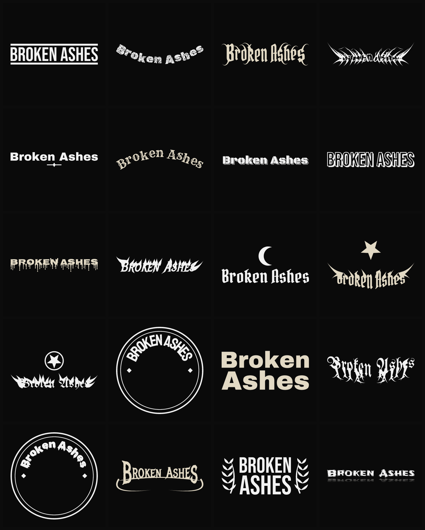 Twenty Broken Ashes band logo ideas — different faces, treatments and spike settings