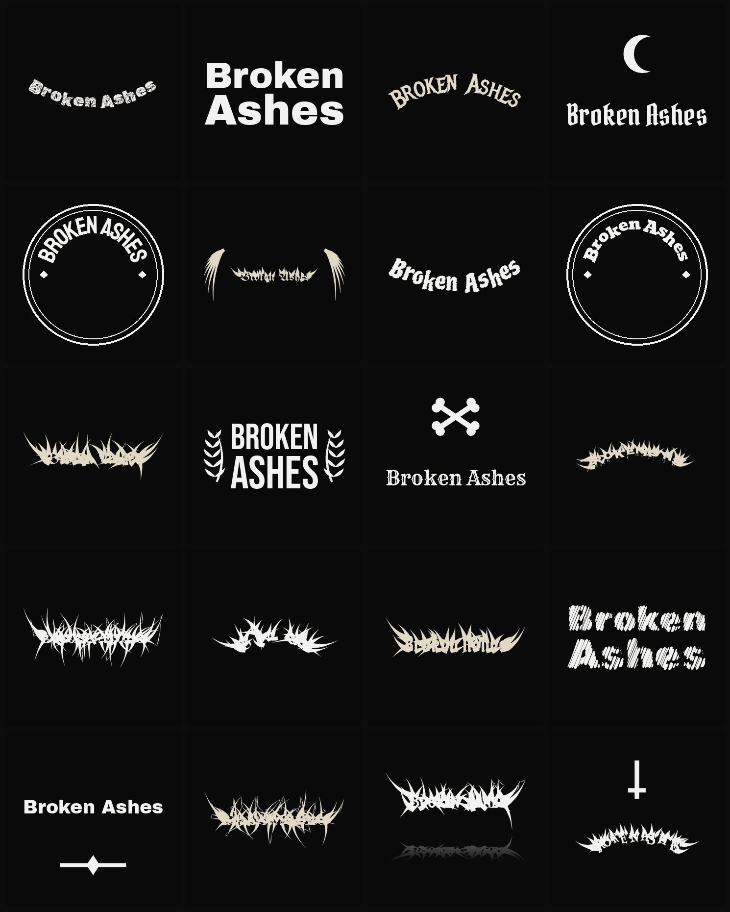 Twenty Broken Ashes band logo ideas — different faces, treatments and spike settings