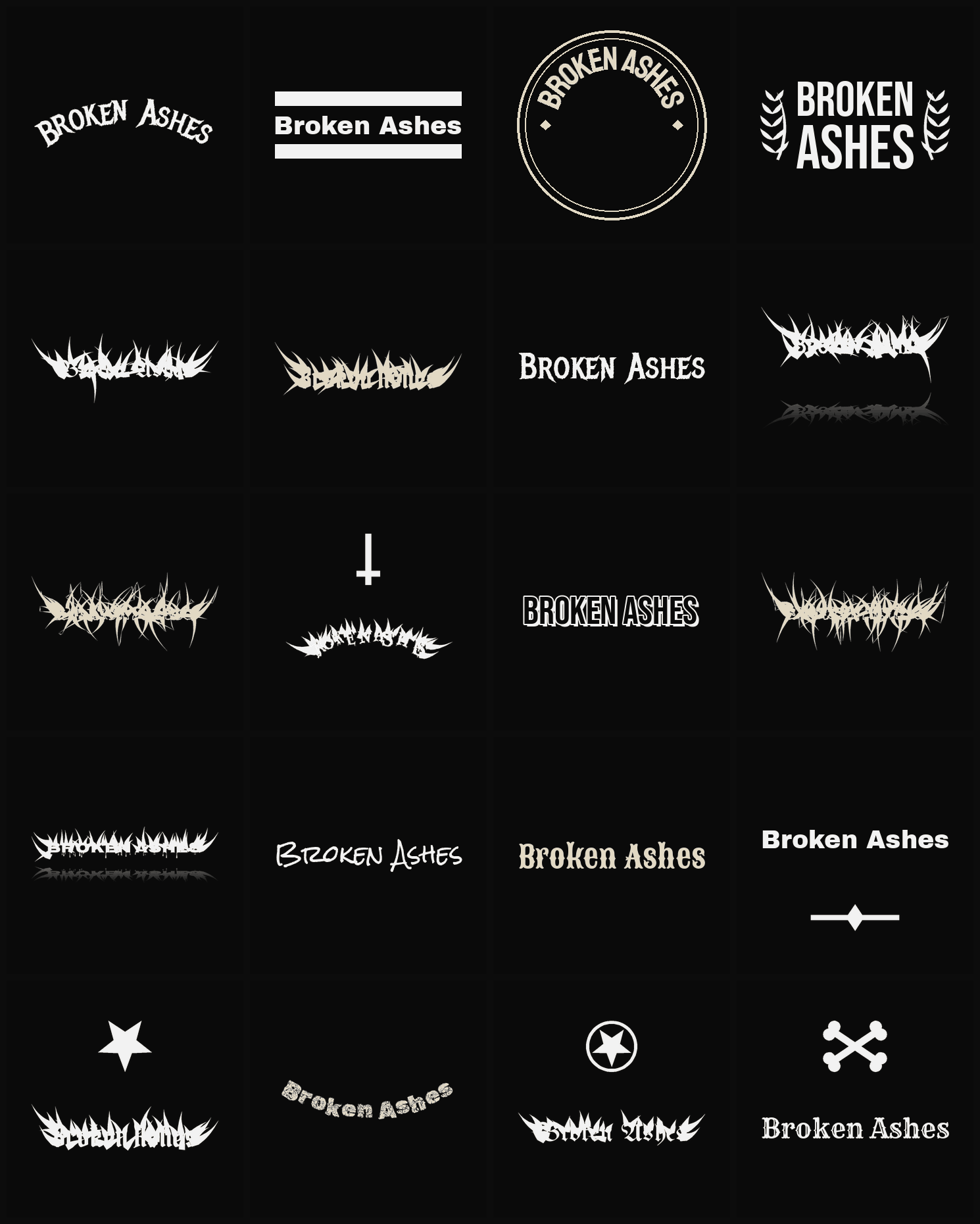 Twenty Broken Ashes band logo ideas — different faces, treatments and spike settings