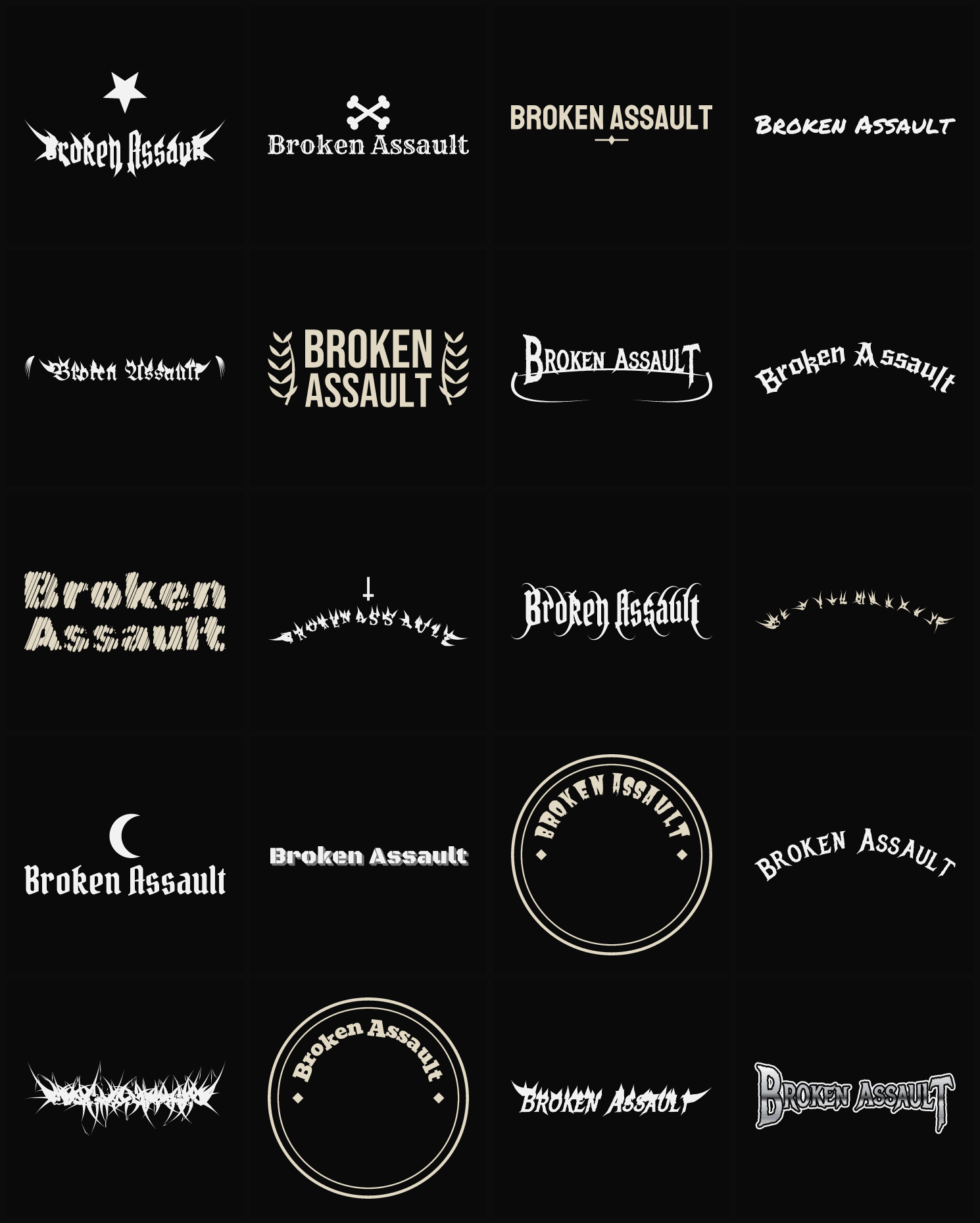 Twenty Broken Assault band logo ideas — different faces, treatments and spike settings
