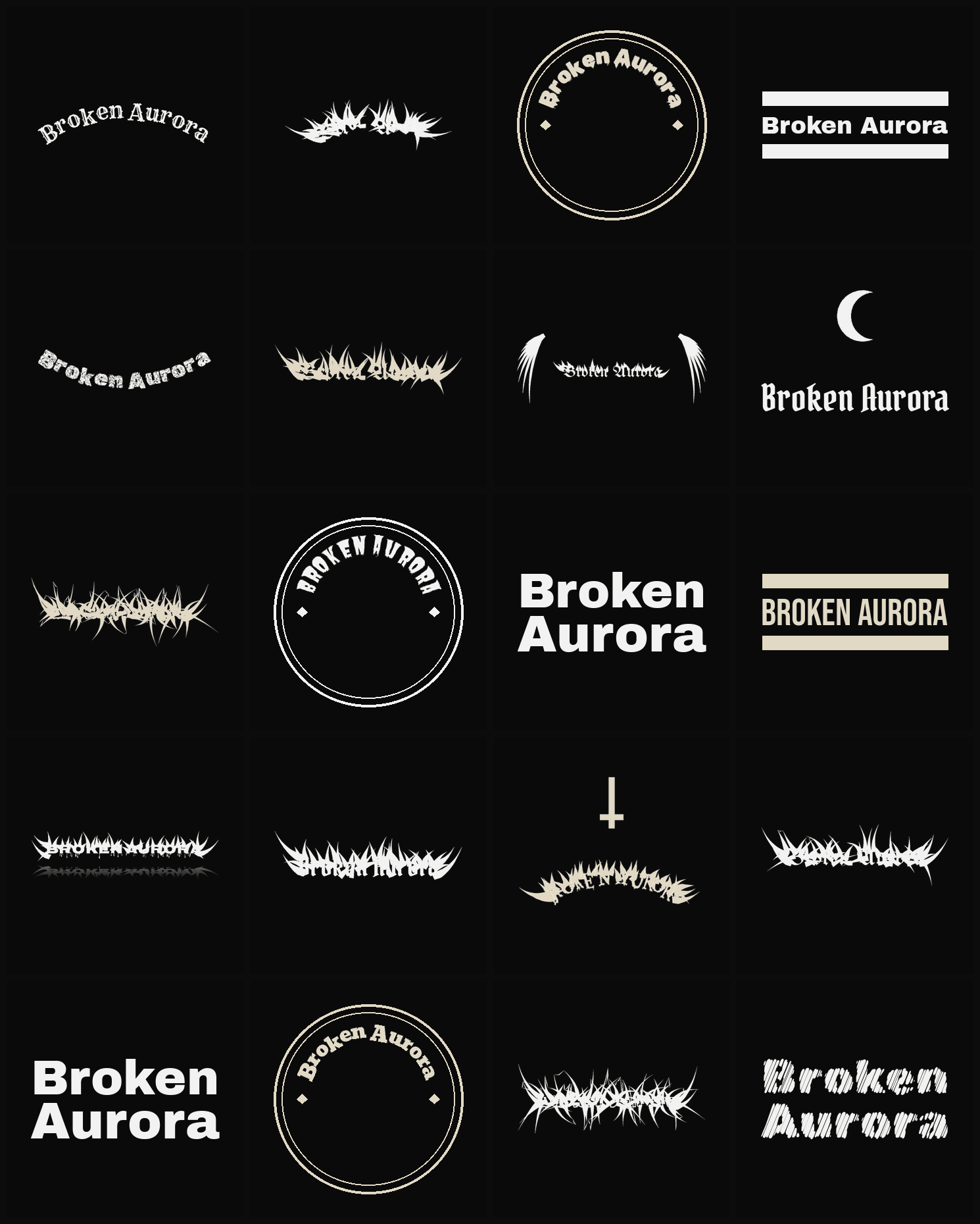 Twenty Broken Aurora band logo ideas — different faces, treatments and spike settings