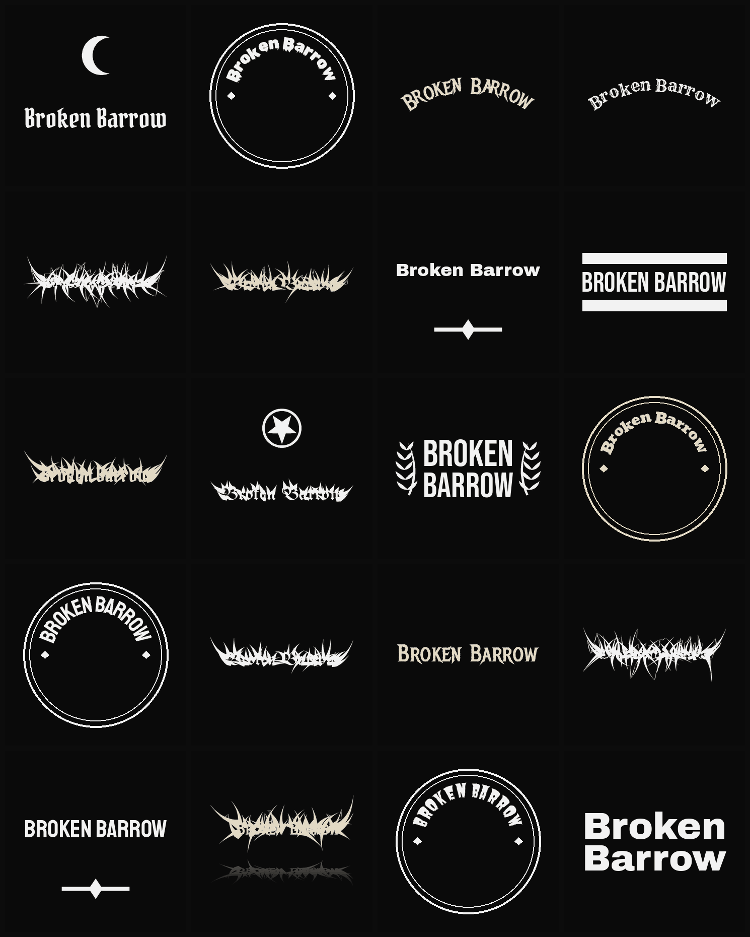 Twenty Broken Barrow band logo ideas — different faces, treatments and spike settings