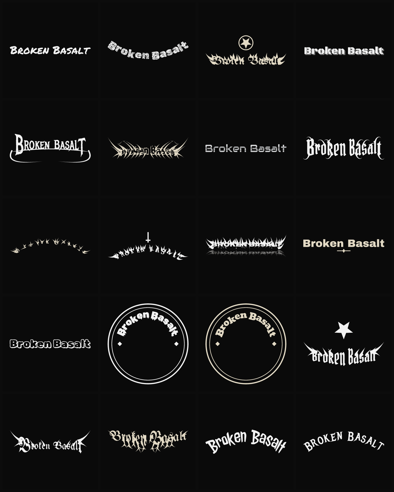 Twenty Broken Basalt band logo ideas — different faces, treatments and spike settings