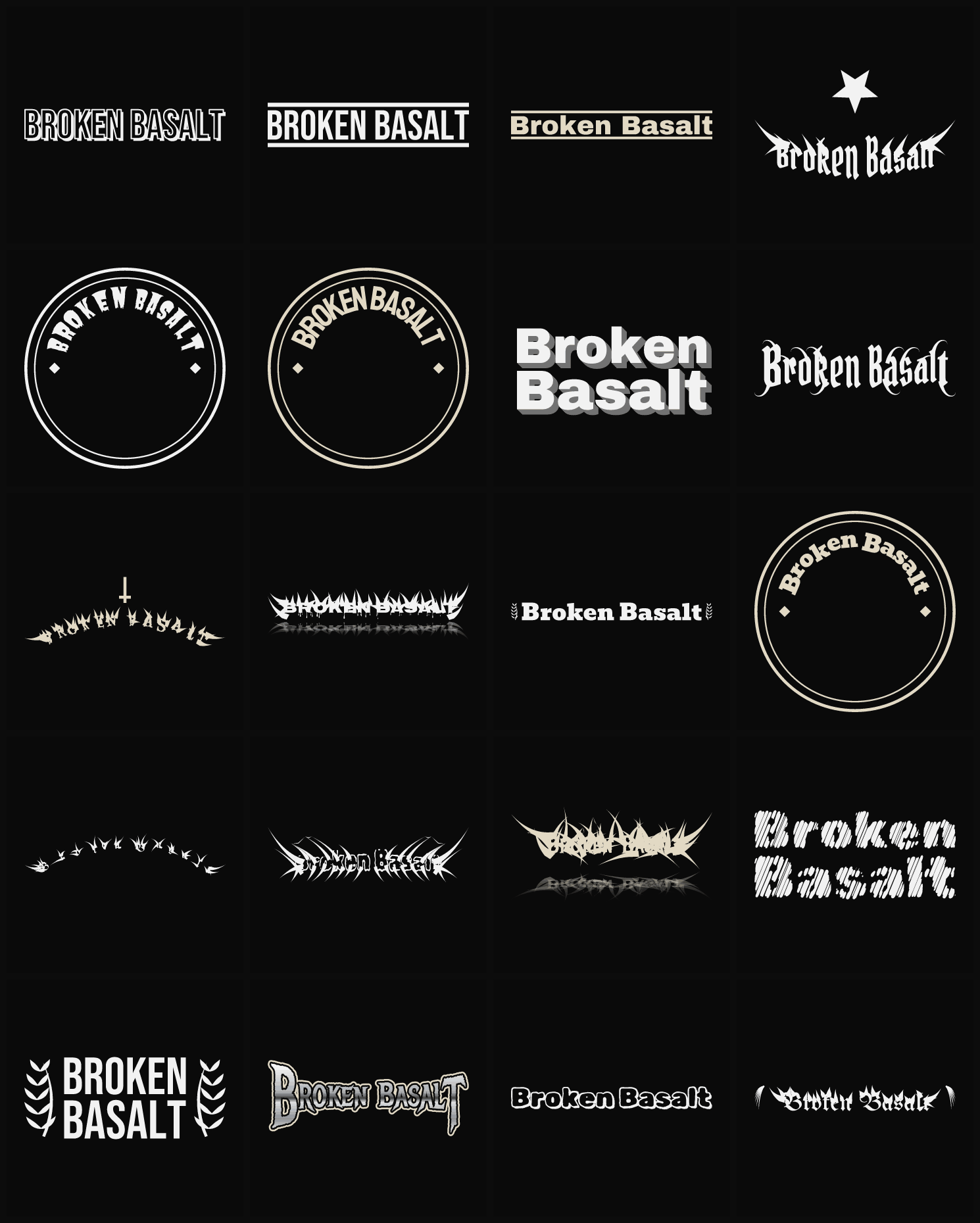 Twenty Broken Basalt band logo ideas — different faces, treatments and spike settings
