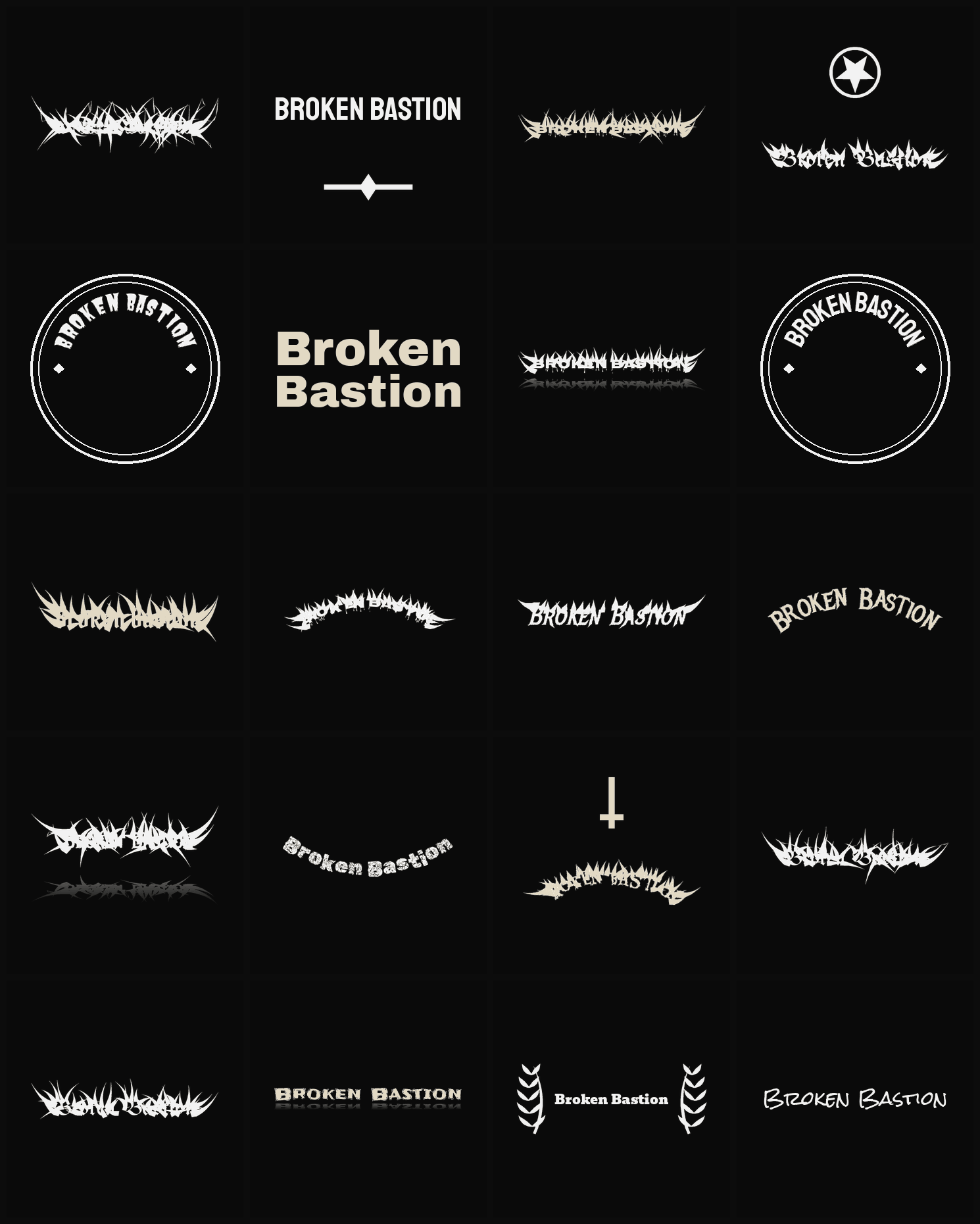 Twenty Broken Bastion band logo ideas — different faces, treatments and spike settings