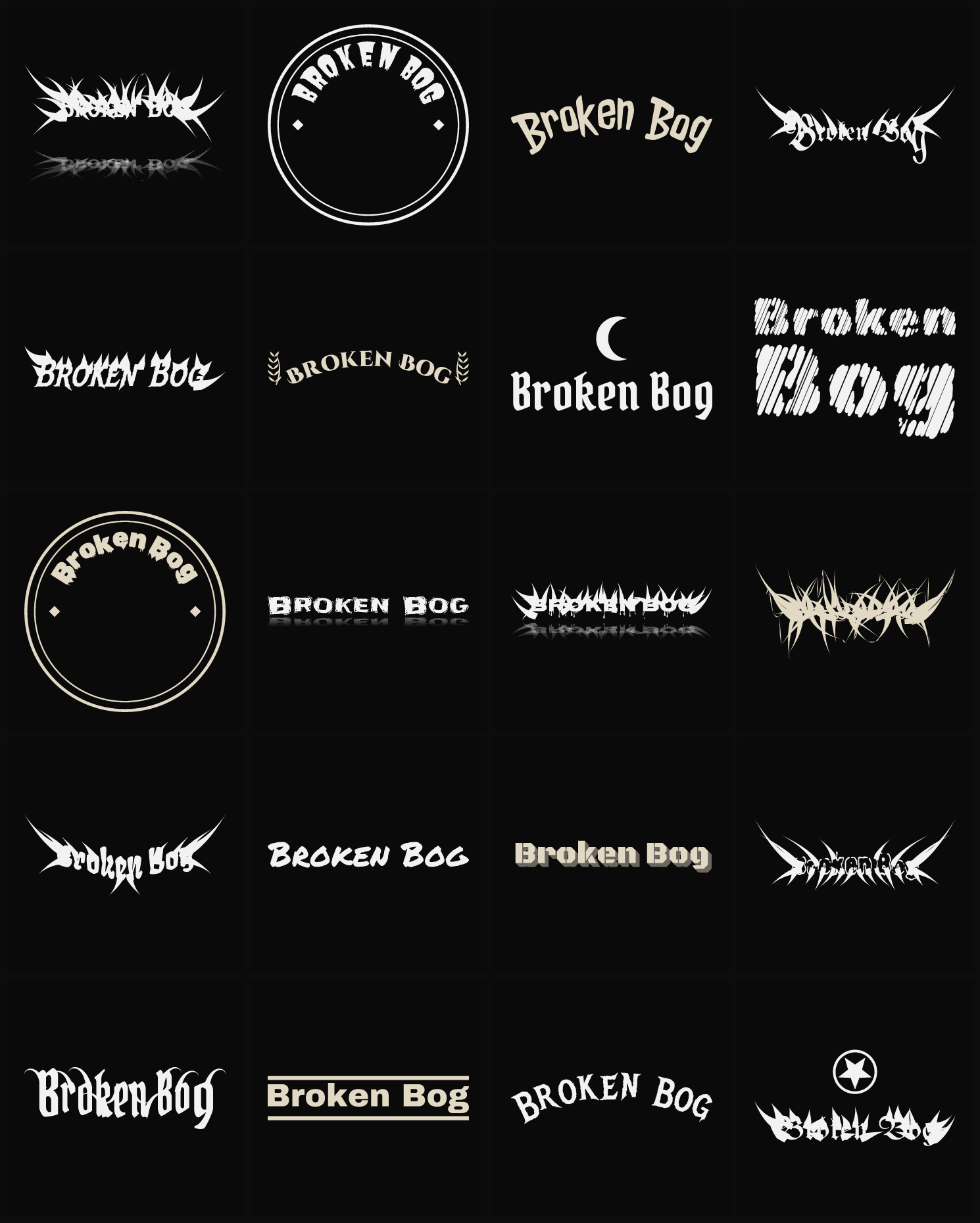 Twenty Broken Bog band logo ideas — different faces, treatments and spike settings