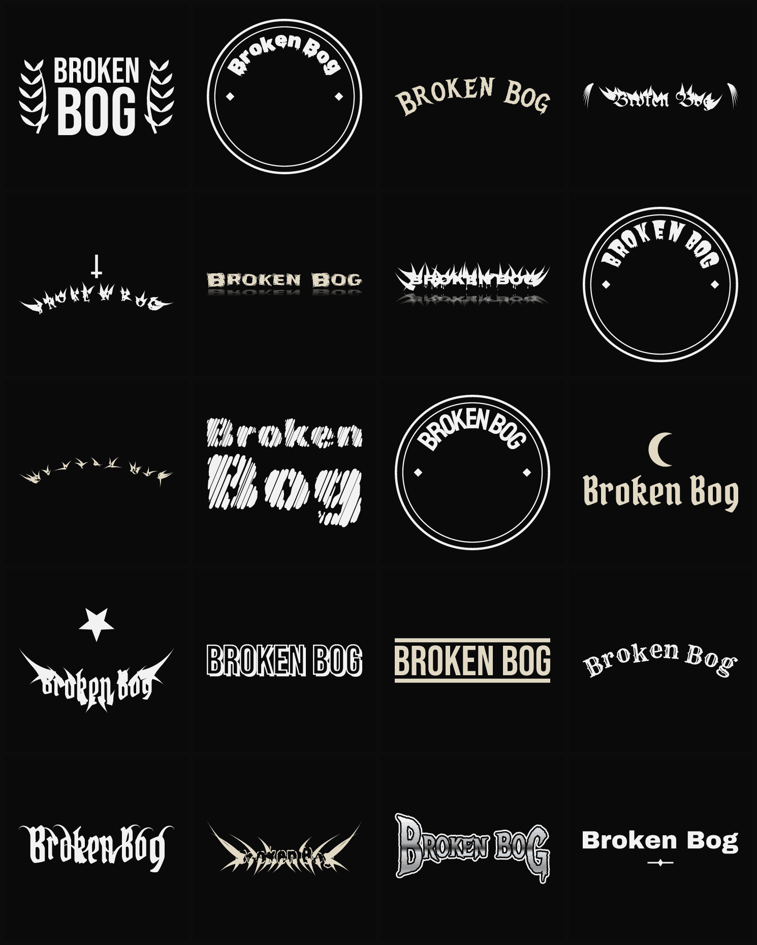 Twenty Broken Bog band logo ideas — different faces, treatments and spike settings
