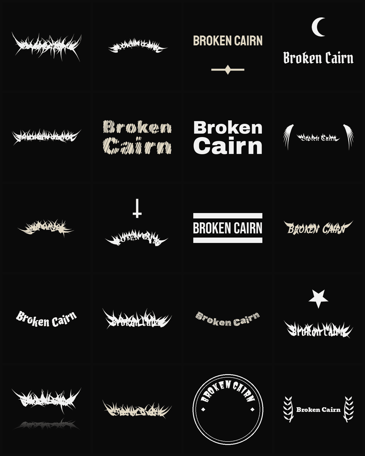 Twenty Broken Cairn band logo ideas — different faces, treatments and spike settings
