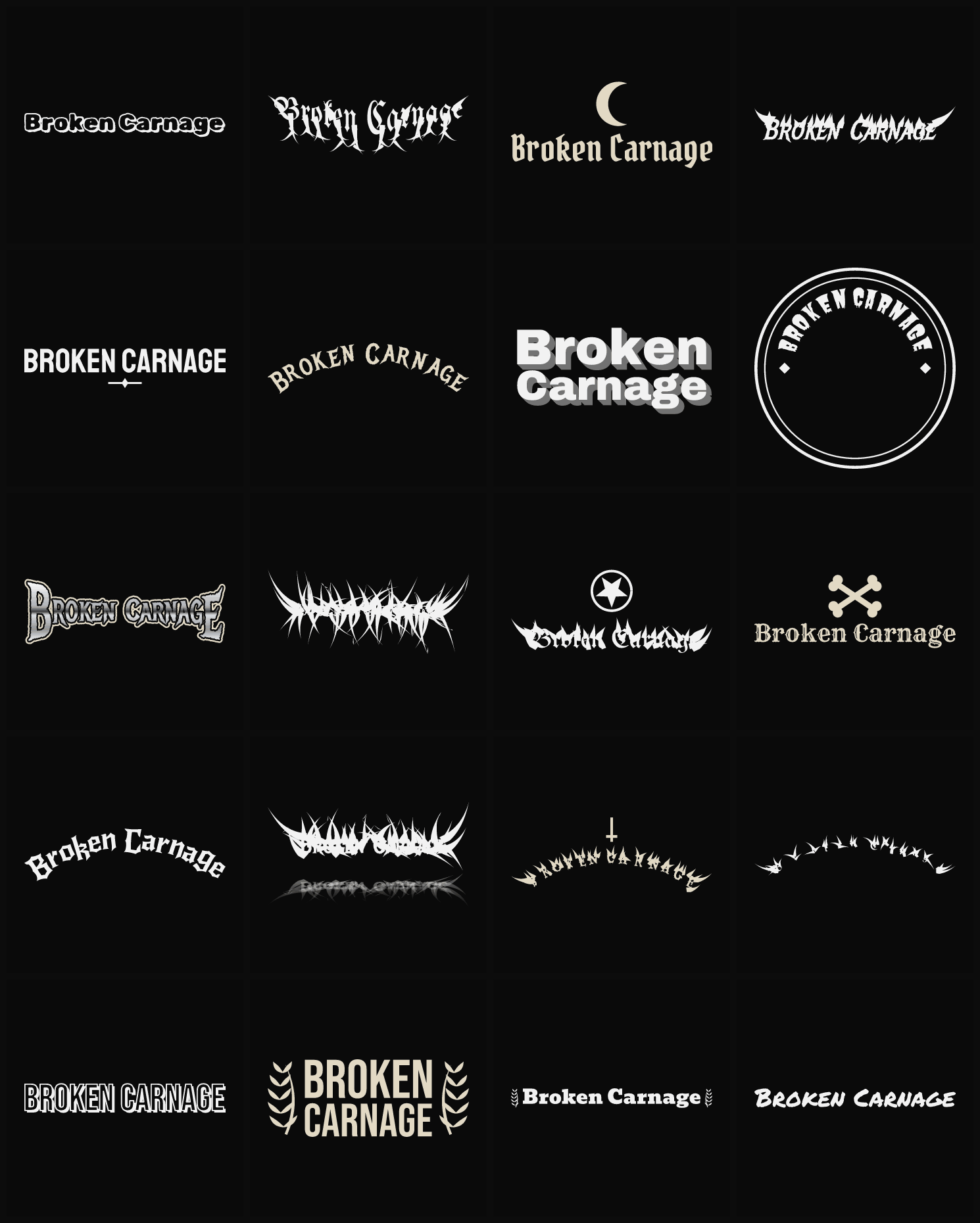 Twenty Broken Carnage band logo ideas — different faces, treatments and spike settings