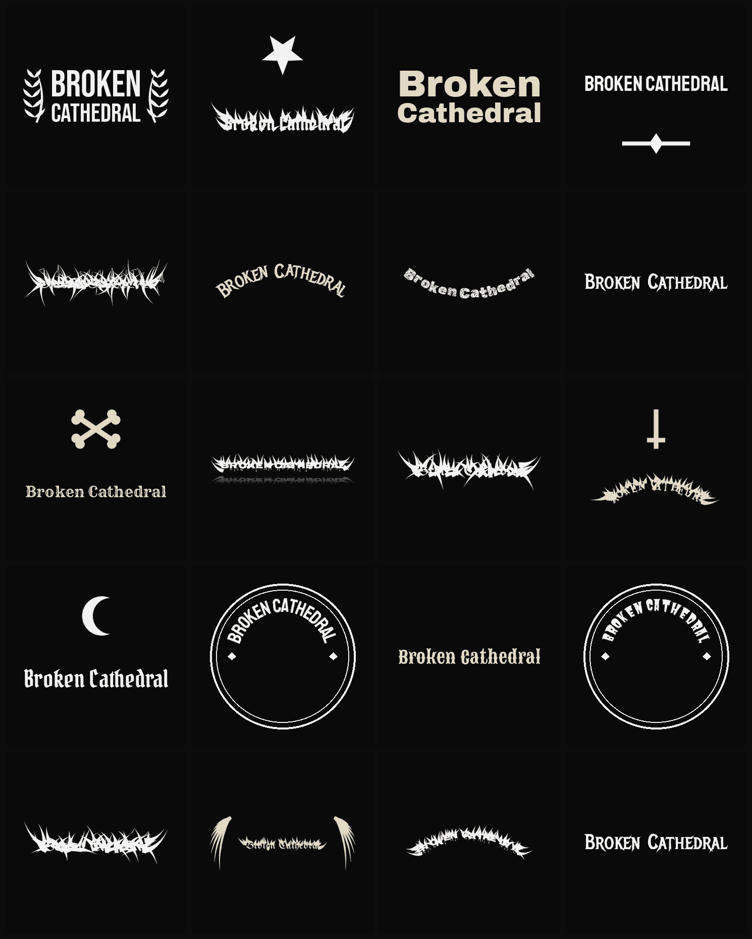 Twenty Broken Cathedral band logo ideas — different faces, treatments and spike settings