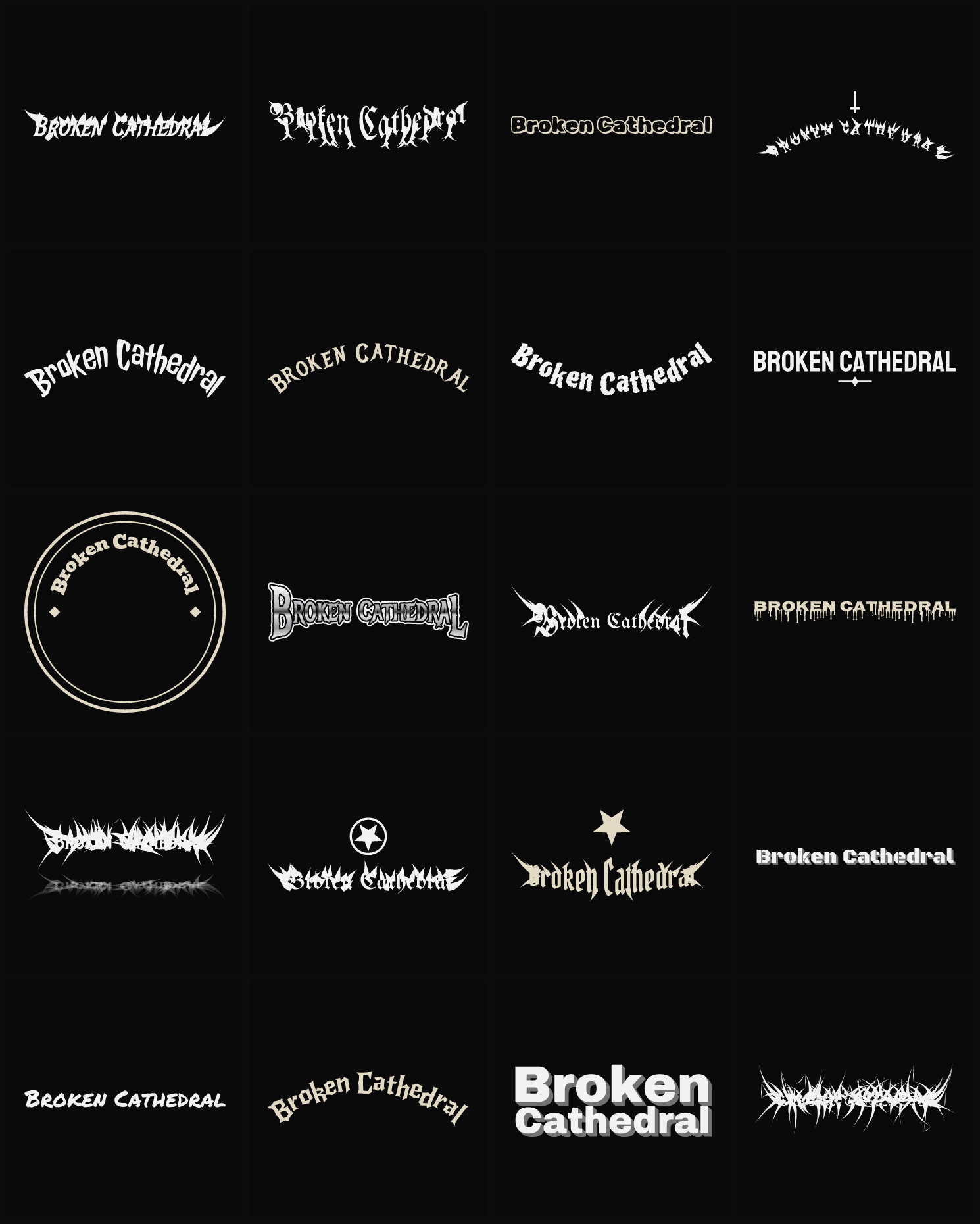Twenty Broken Cathedral band logo ideas — different faces, treatments and spike settings