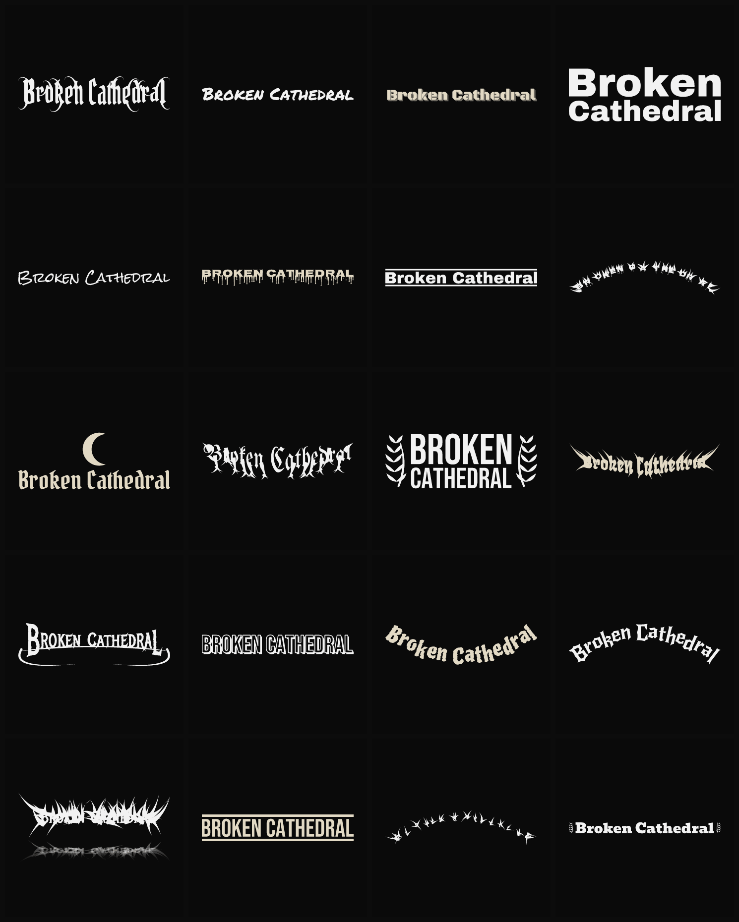 Twenty Broken Cathedral band logo ideas — different faces, treatments and spike settings