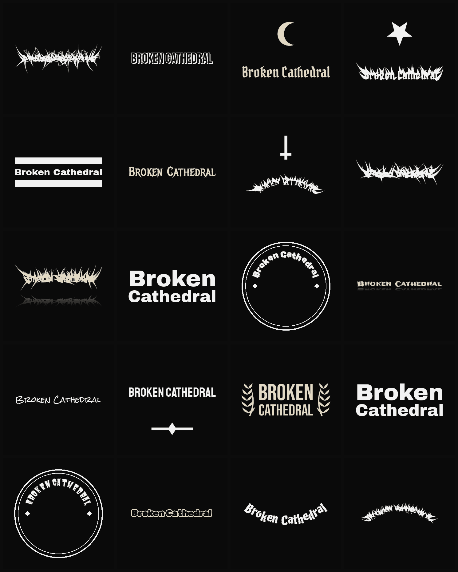 Twenty Broken Cathedral band logo ideas — different faces, treatments and spike settings