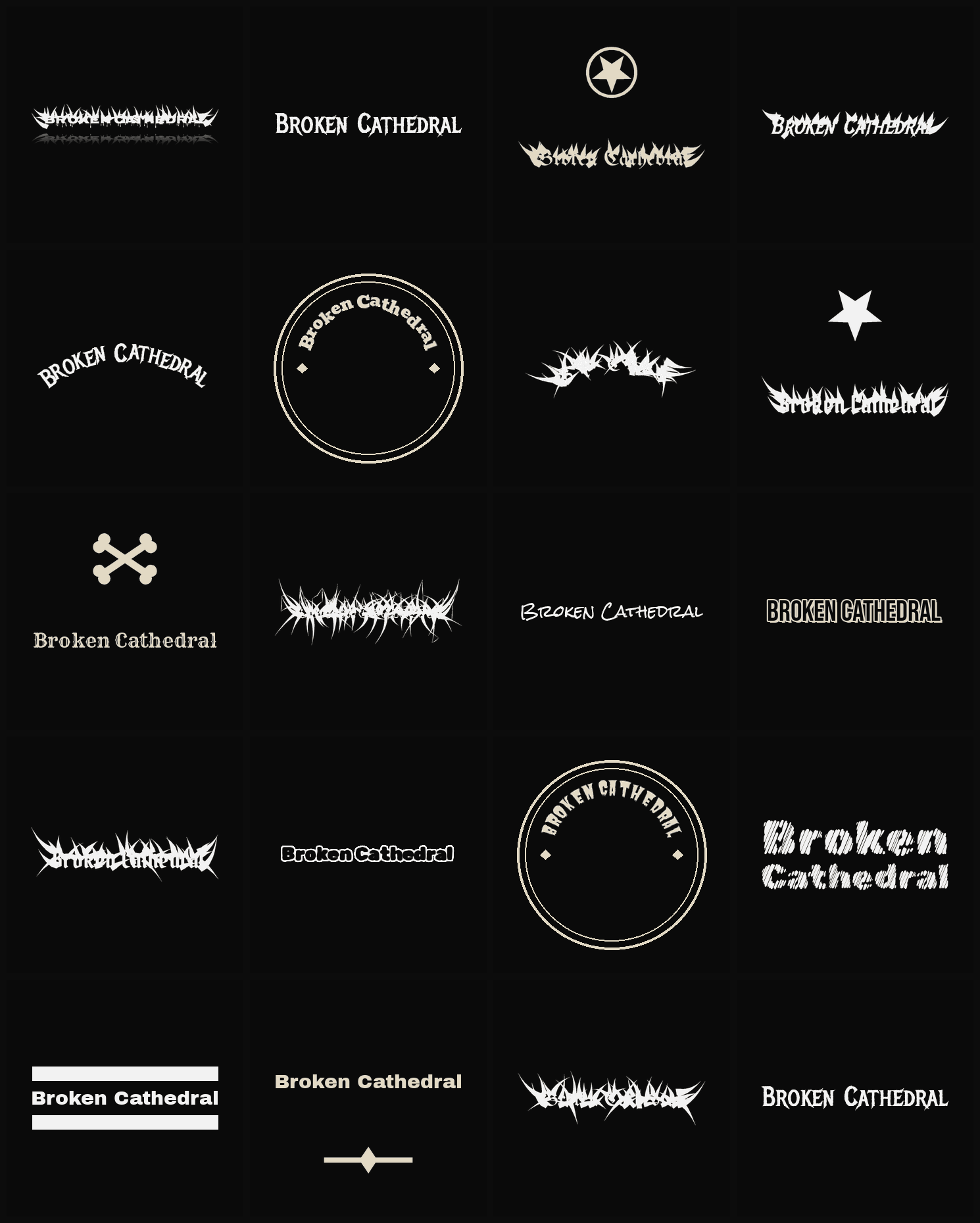 Twenty Broken Cathedral band logo ideas — different faces, treatments and spike settings