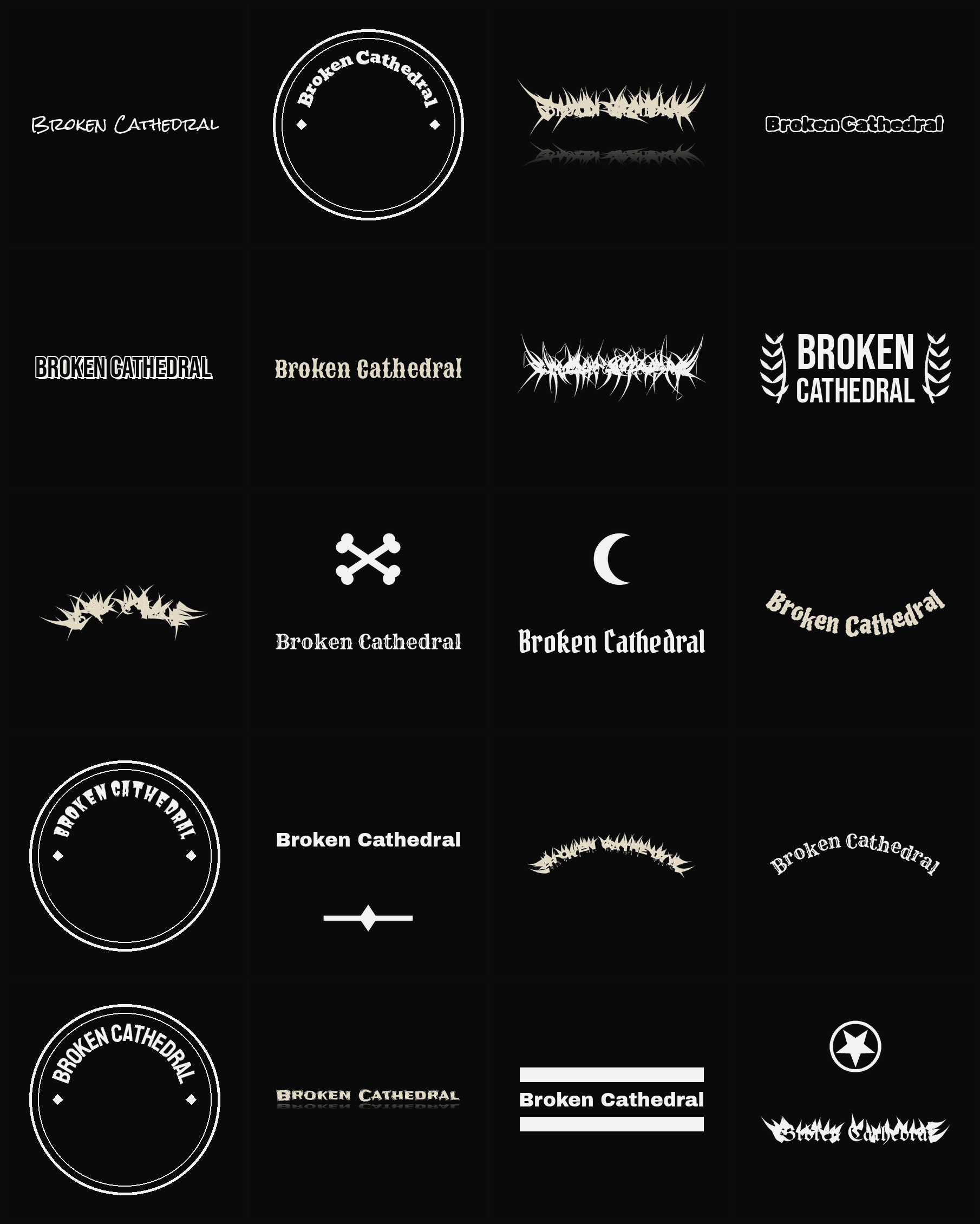 Twenty Broken Cathedral band logo ideas — different faces, treatments and spike settings